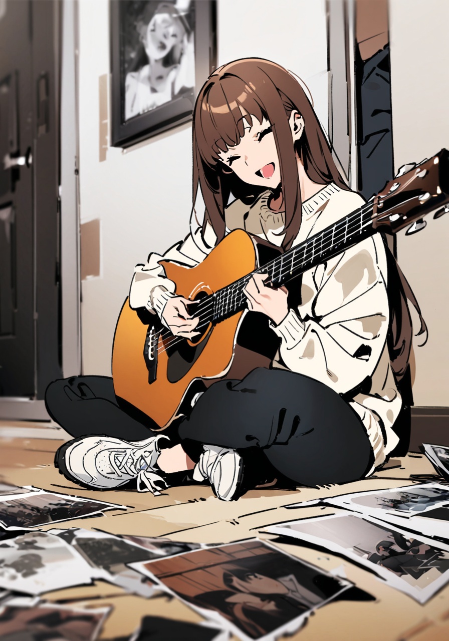 masterpiece, best quality, <lora:yoneyama-a31-000020:1>,yoneyama mai,1girl, instrument, long hair, solo, guitar, sitting, closed eyes, pants, brown hair, acoustic guitar, long sleeves, indian style, shirt, white shirt, bangs, black pants, holding, music, playing instrument, smile, sweater, holding instrument, white sweater, shoes, indoors, facing viewer, photo (object), open mouth, sneakers, english text