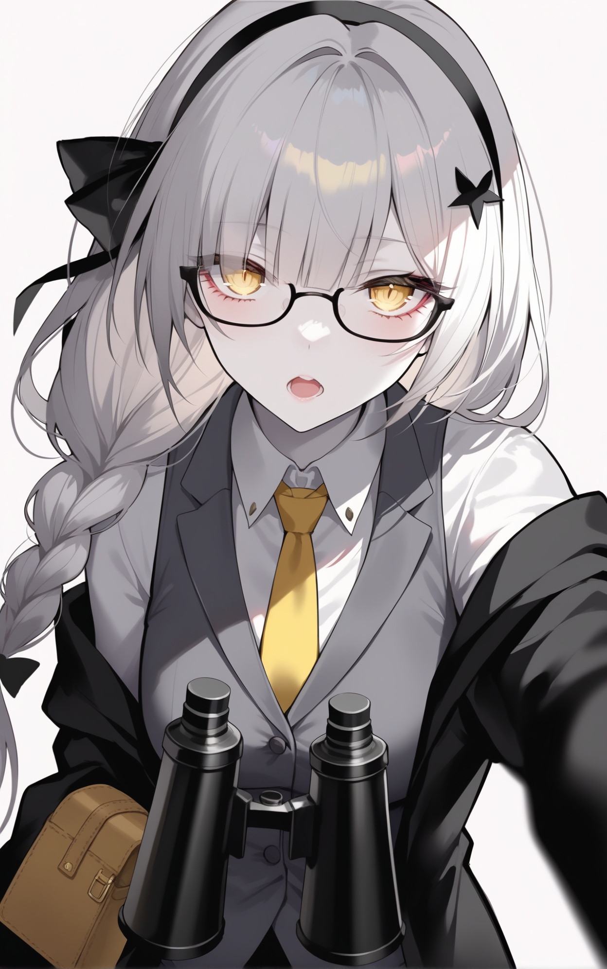 msk,CG rendering,Azur lane,ka ra ra ge tsu ne,gwwj,key999,masterpiece,best quality,very aesthetic,extremely delicate and beautiful,huge filesize,amazing quality,32K UHD,ultra-detailed,photorealistic skin,depth of field,8k,(sheya:0.4),(Qiandaiiu:0.3),(koahri:0.4),sexy,(MeIoN:0.4),(wumai:0.4),(ssr:0.7),(SG:0.9),(netural:0.6),(Fungi:0.3),(ABPART:0.7),(D. I .S.H:0.6),(sorananiiro:0.4),(san:0.3),((eichi)_nagatochi:0.9),mature_female,(torino:0.2),glamor,wallpaper,cosplay,cinematic_angle,real,(by Devilworld:0.3),clear,cute,bishoujo,kawaii,mature,white_marble_glowing_skin,fair_skin,nsfw,newest,latest,(hitokomoru:0.4),(miyuki:0.8),beautiful detailed eyes,beautiful detailed lips,extremely detailed eyes and face,delicate features,graceful pose,ethereal atmosphere,soft lighting,enchanting,illustration,anime style,vivid colors,sharp focus,professional,extreme detail description,ZX light,masterpiece,best quality,very aesthetic,extremely delicate and beautiful,Noise and grain,huge filesize,amazing quality,foreshortening,cinematic_angle,//,1girl,solo,glasses,white hair,yellow eyes,white background,braid,shirt,jacket,long hair,looking at viewer,white shirt,hair ornament,simple background,collared shirt,open mouth,necktie,holding,hairband,long sleeves,bag,off shoulder,black jacket,upper body,open clothes,binoculars,pale skin,open jacket,vest,breasts,