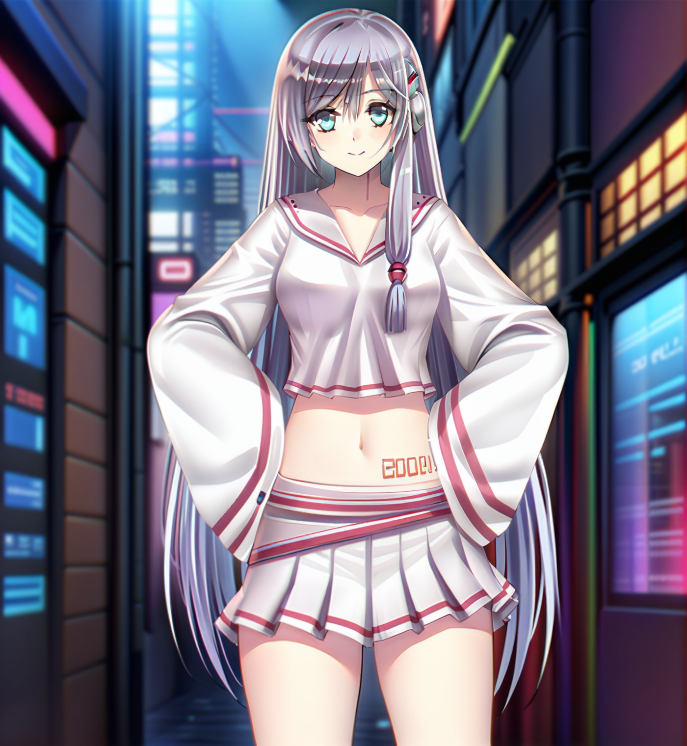 ((masterpiece)),(((best quality))),((extremely detailed)),hdr,1girl,solo,<lora:修手Fixhands_anime_bdsqlsz_V1:0.7>,lucy,<lora:lucy-000010:1>,cyberpunk,full_shot,(midriff:1.1),hands on hips