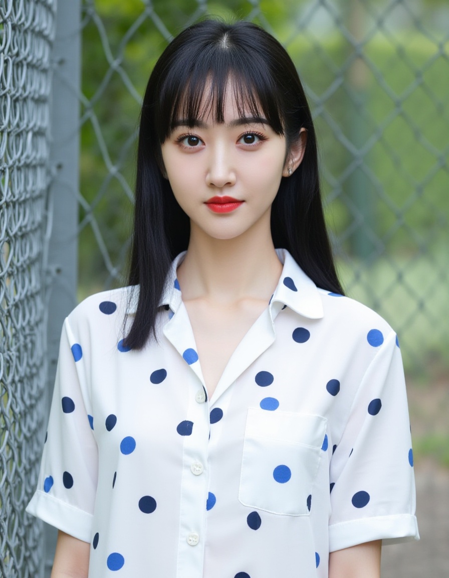 A photograph of a young East Asian woman with straight, long black hair and bangs, wearing a white short-sleeved shirt with blue and dark blue polka dots. She has fair skin, a slim build, and is standing in front of a metal chain-link fence, with greenery visible in the blurred background. Her expression is neutral, and she has a delicate, natural makeup look with red lipstick.