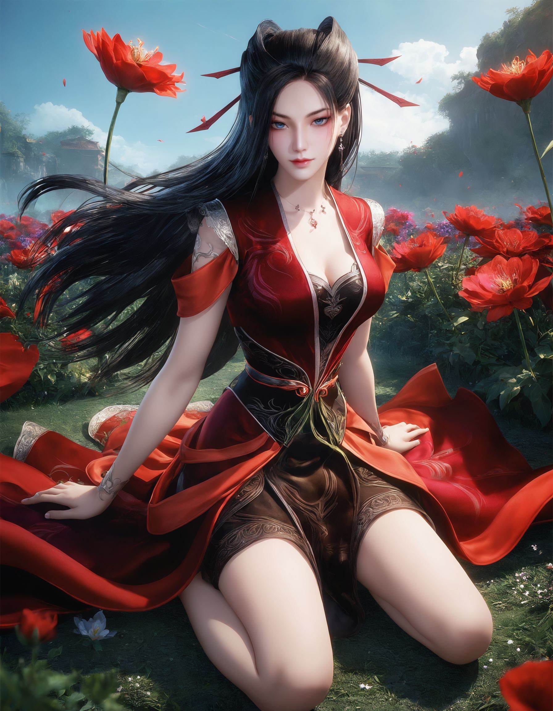 1girl,solo,long hair,breast,medium breast,earrings,hair_ornament,dress,black hair,blue eyes,thick_thighs,red dress,<lora:wy_yanlingji_xy_XL5.0:0.8>,outdoors,gaden,the ground is full of flowers,fiora_ariete,, score_9,score_8_up,score_7_up,score_6_up,score_5_up,score_4_up,