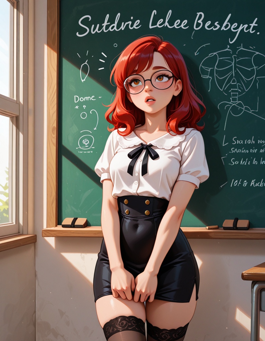 portrait of a seductive young woman standing by an old wooden chalkboard in a sunlit classroom. She has a curvy body and l...