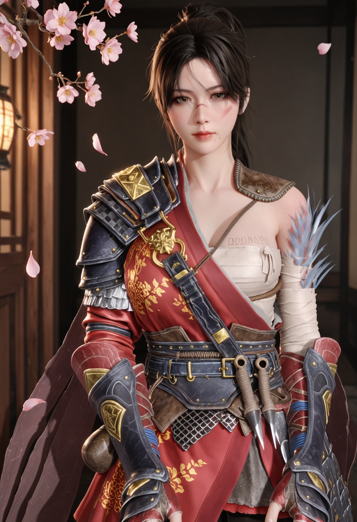 (upper_body:1.2),(looking at viewer:1.1),masterpiece,(best quality),smog,Dark room,dim lighting,peach blossom,falling petals,<lora:YQ_Illustrious光辉v5_白梓芸_V1:0.8>,q1528437228,1girl,solo,armor,black hair,ponytail,shoulder armor,brown eyes,sarashi,chinese clothes,brown hair,long hair,gloves,boots,scar,pants,hair bun,fingerless gloves,pauldrons,single hair bun,bandages,scar on face,sheath,cape,belt,short hair,mole under mouth,black pants,sash,single pauldron,gauntlets,knee boots,