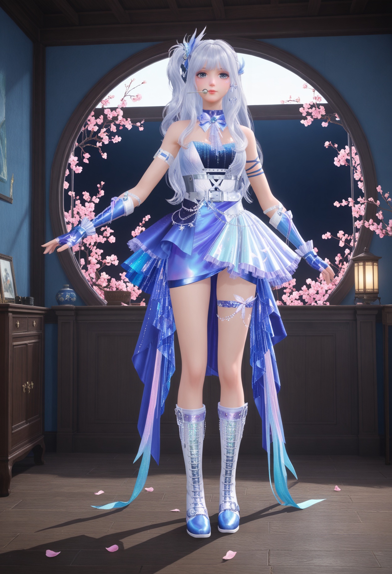 (full_body:1.2),(looking at viewer:1.1),facing viewer,direct gaze,(masterpiece:1.1),(best quality:1.2),(intricate details),(smog:1.3),(Dark room:1.3),(dim lighting:1.3),peach blossom,falling petals,<lora:YQ_Illustrious光辉v5_暖暖23_星屑小梦曲_V1:0.8>,1girl,q1528437228,long hair,white hair,hair ornament,dress,fingerless gloves,boots,blue eyes,skirt,grey eyes,jewelry,one side up,belt,masterpiece,(best quality),(intricate details:0.9) BREAK (intricate details:0.9),(realistic skin:1.2),masterpiece,best quality,newest,absurdres,hiahres,