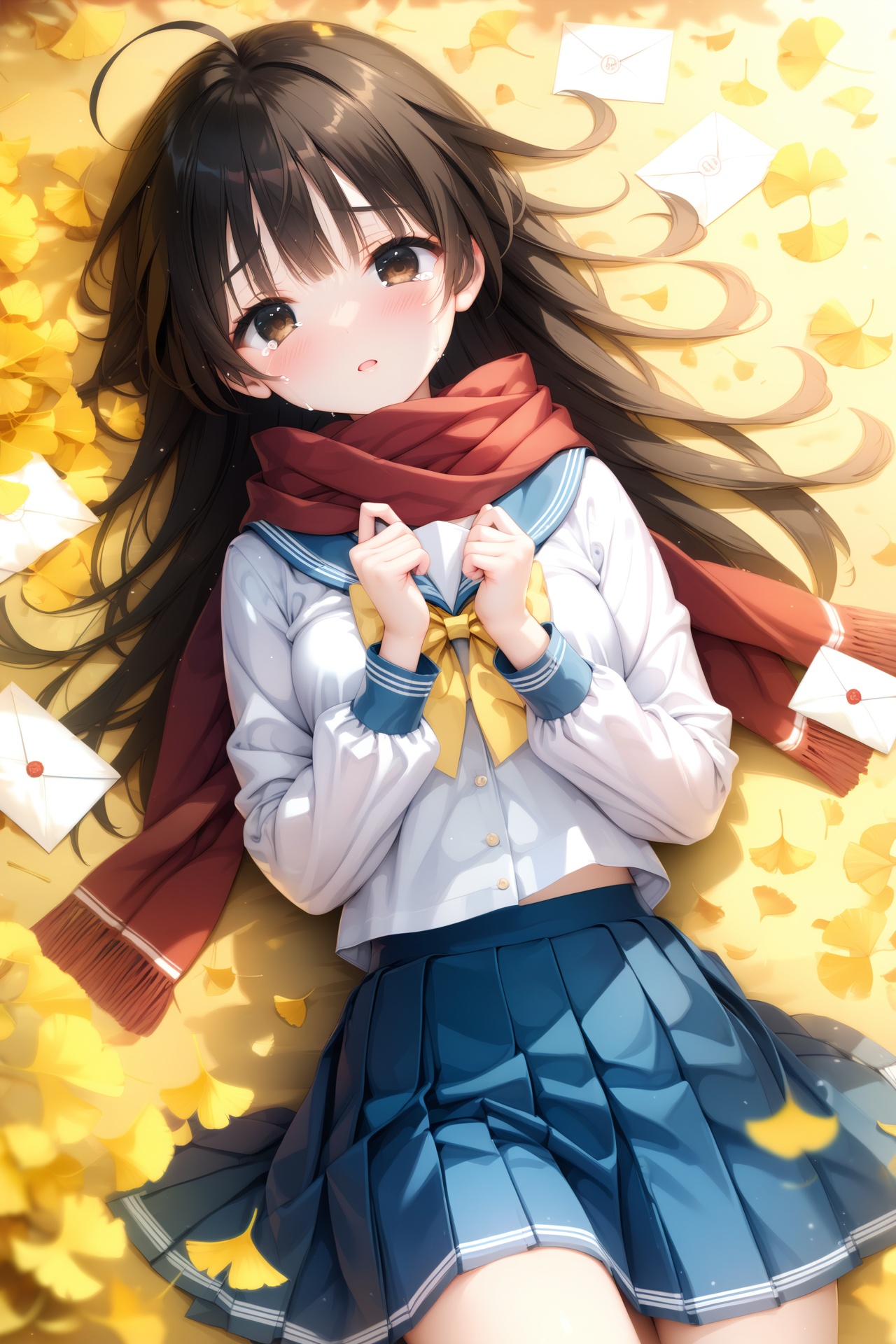 (masterpiece),(best quality),illustration,ultra detailed,hdr,Depth of field,(colorful),1girl,solo,school uniform,skirt,scarf,lying,serafuku,on back,long sleeves,autumn,blue skirt,looking at viewer,sailor collar,bow,brown eyes,long hair,tears,autumn leaves,bangs,blue sailor collar,shirt,parted lips,pleated skirt,white shirt,envelope,ahoge,blurry,red scarf,black hair,crying,leaf,letter,crying with eyes open,yellow bow,outdoors,brown hair,bowtie,ginkgo leaf,from above,tearing up,blush,