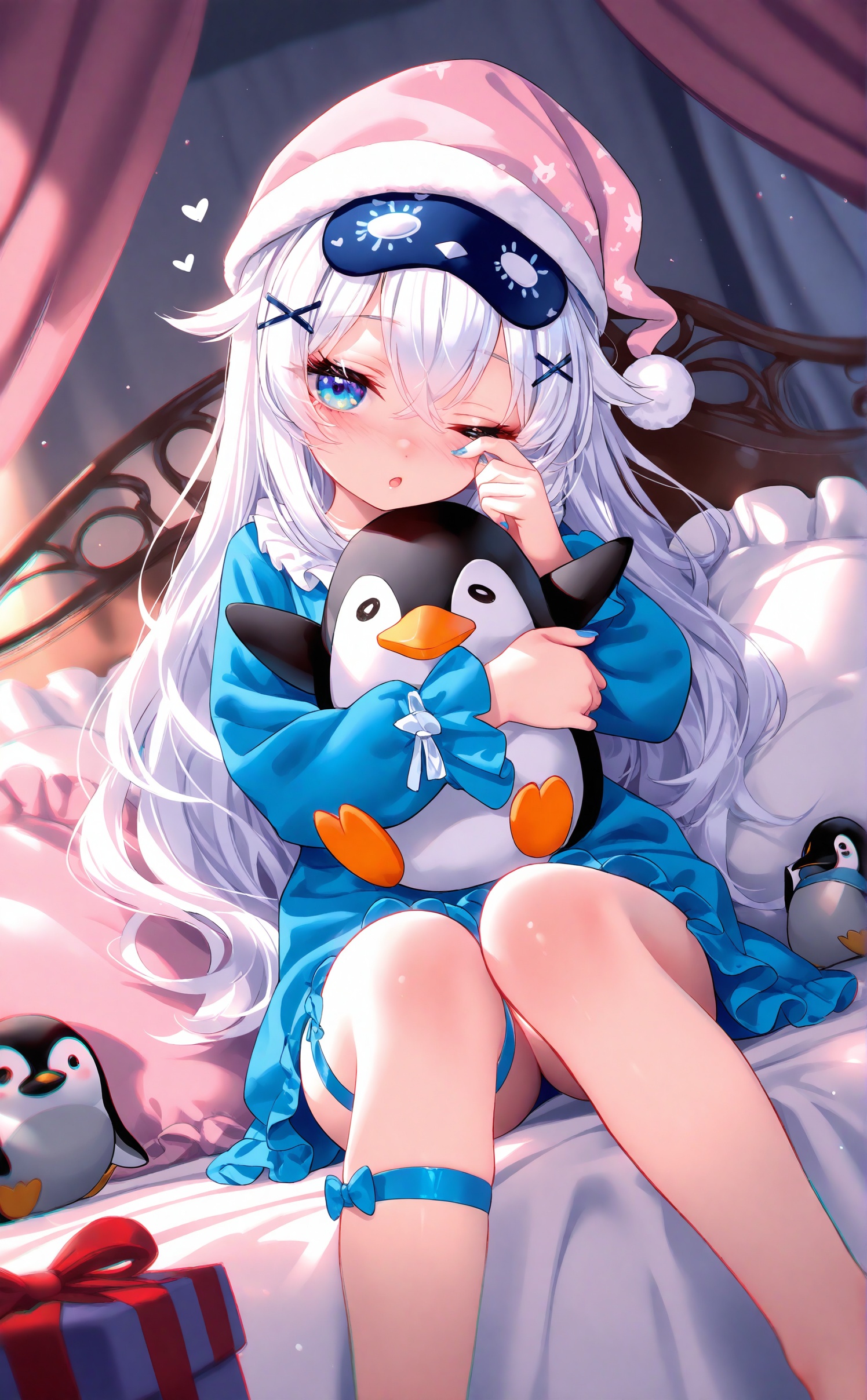 masterpiece,very aware,highres,absurdres,newest,best quality,loli,petite,high quality,chromatic_aberration,cinematic_angle,dutch angle,//,1girl, blue eyes, stuffed toy, stuffed penguin, long hair, one eye closed, stuffed animal, pillow, barefoot, solo, white hair, bird, toenails, toenail polish, nail polish, penguin, sleep mask, looking at viewer, hat, blue nails, dress, sitting, virtual youtuber, nightcap, flower, crossed bangs, hugging object, hair ornament, bow, blue bow, frilled pillow, toes, frills, blue ribbon, ribbon, holding stuffed toy, gift, blue dress, bed, pajamas, knees together feet apart, hairclip, thigh strap, canopy bed, hair bow, heart, feet, ;o, foot out of frame, rubbing eyes, on bed, blush, x hair ornament<lora:Komachan:1>