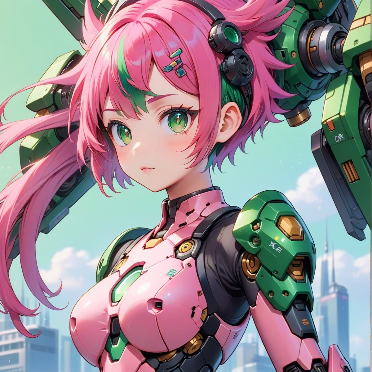 1girl,mecha_musume,headgear,mechanical_arms,bodysuit,((pink hair)) and ((green hair )),((pixie cut)),((8K, ultra HD,super clarity,legible,)),Masterpiece,FHD,high resolution,