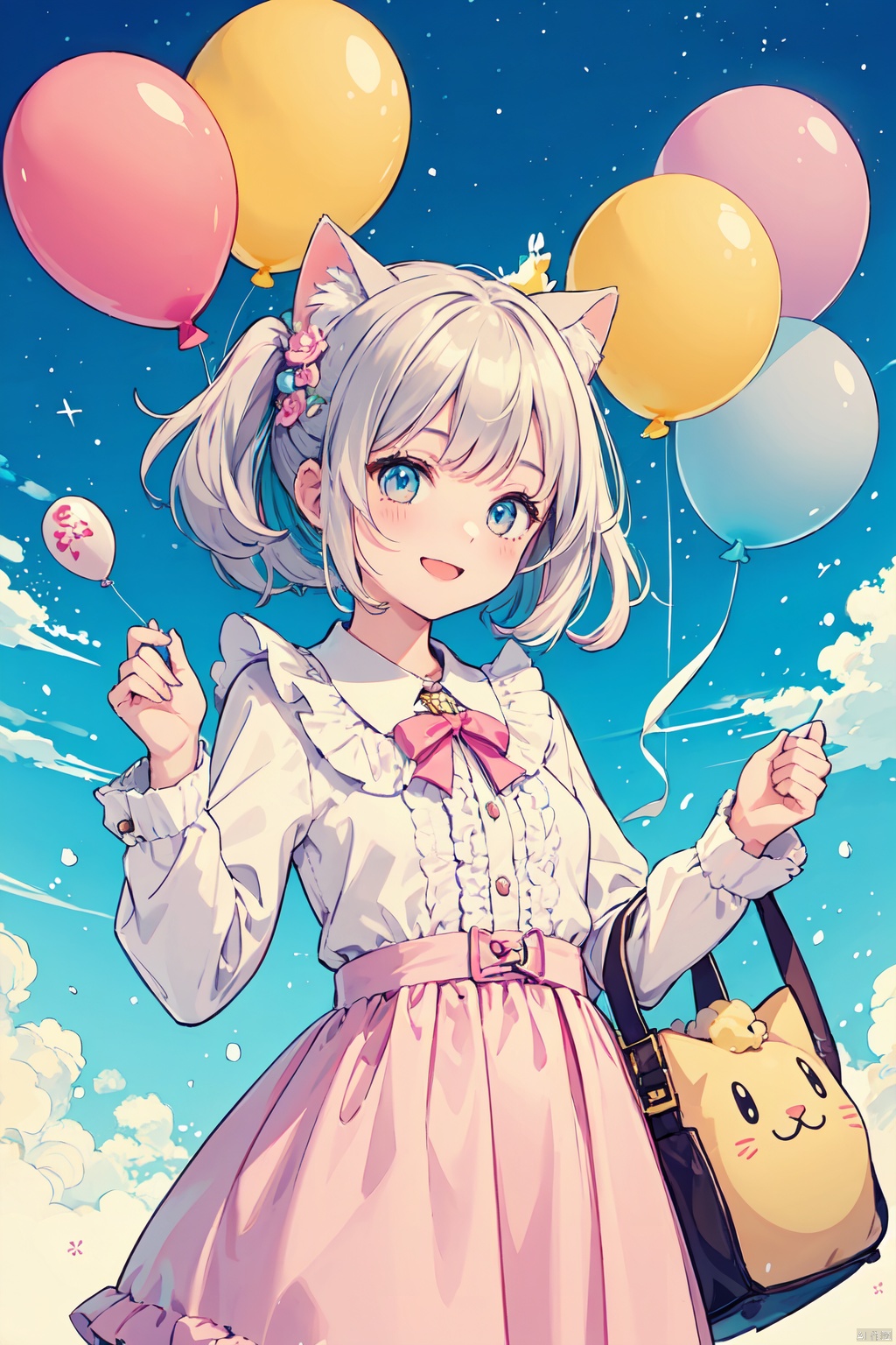 1girl, cute, cute, happy, cat, balloon, clearness