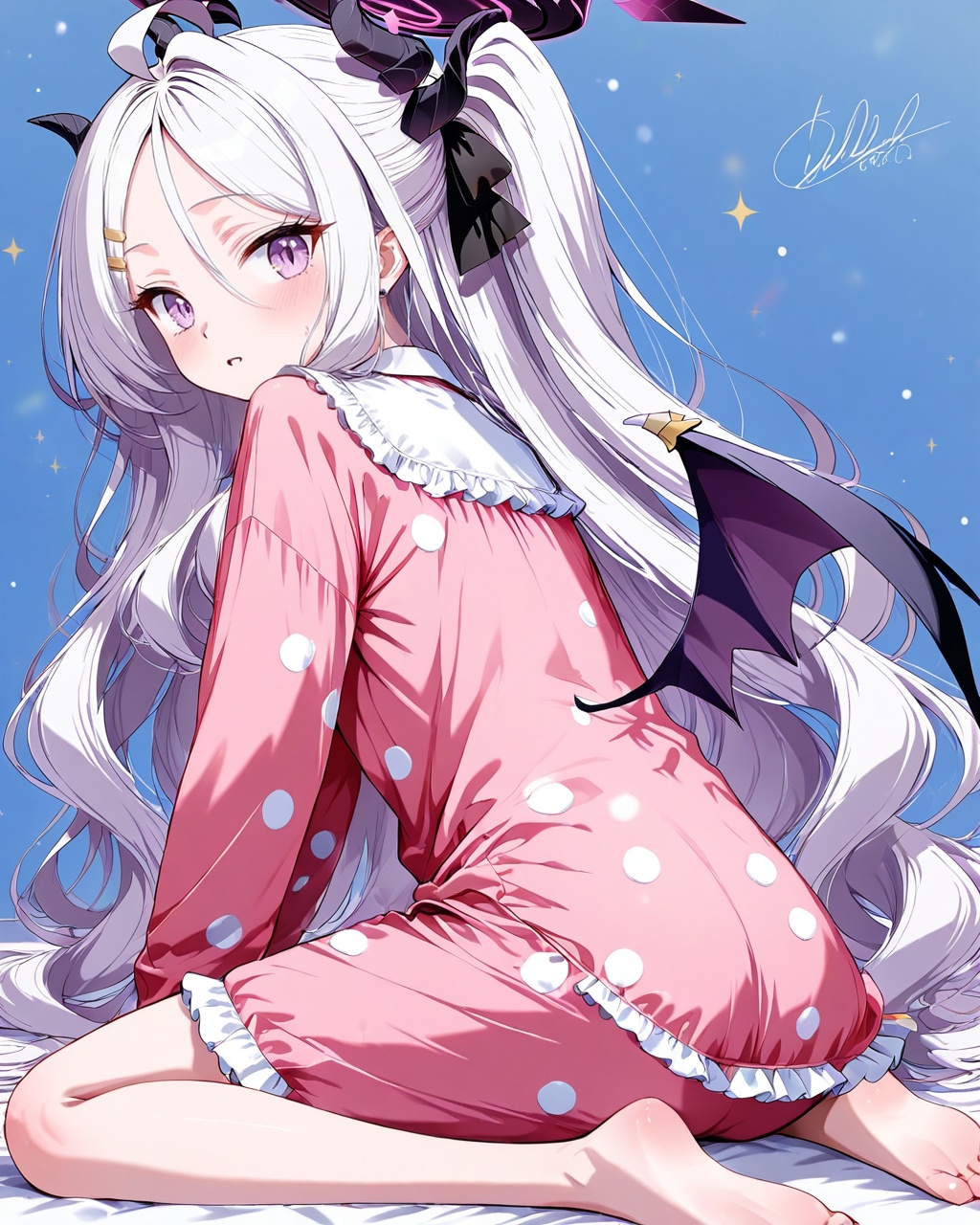 O,Hina (blue archive)1girl, hina (blue archive), solo, halo, horns, long hair, wariza, barefoot, looking at viewer, white hair, purple eyes, sitting, wings, hair ornament, pajamas, low wings, hairclip, hair between eyes, bangs, ahoge, alternate costume, multiple horns, signature, white background, blush, long sleeves, demon wings, demon horns, simple background, sidelocks, parted lips, looking back, ponytail, full body, parted bangs, ribbon, white dress, demon girl, soles, feet, dress,(UHD),anatomically correct,accurate,textured skin,super detail,high details,award winning,best quality,high quality,retina,HD,16k,1080P,