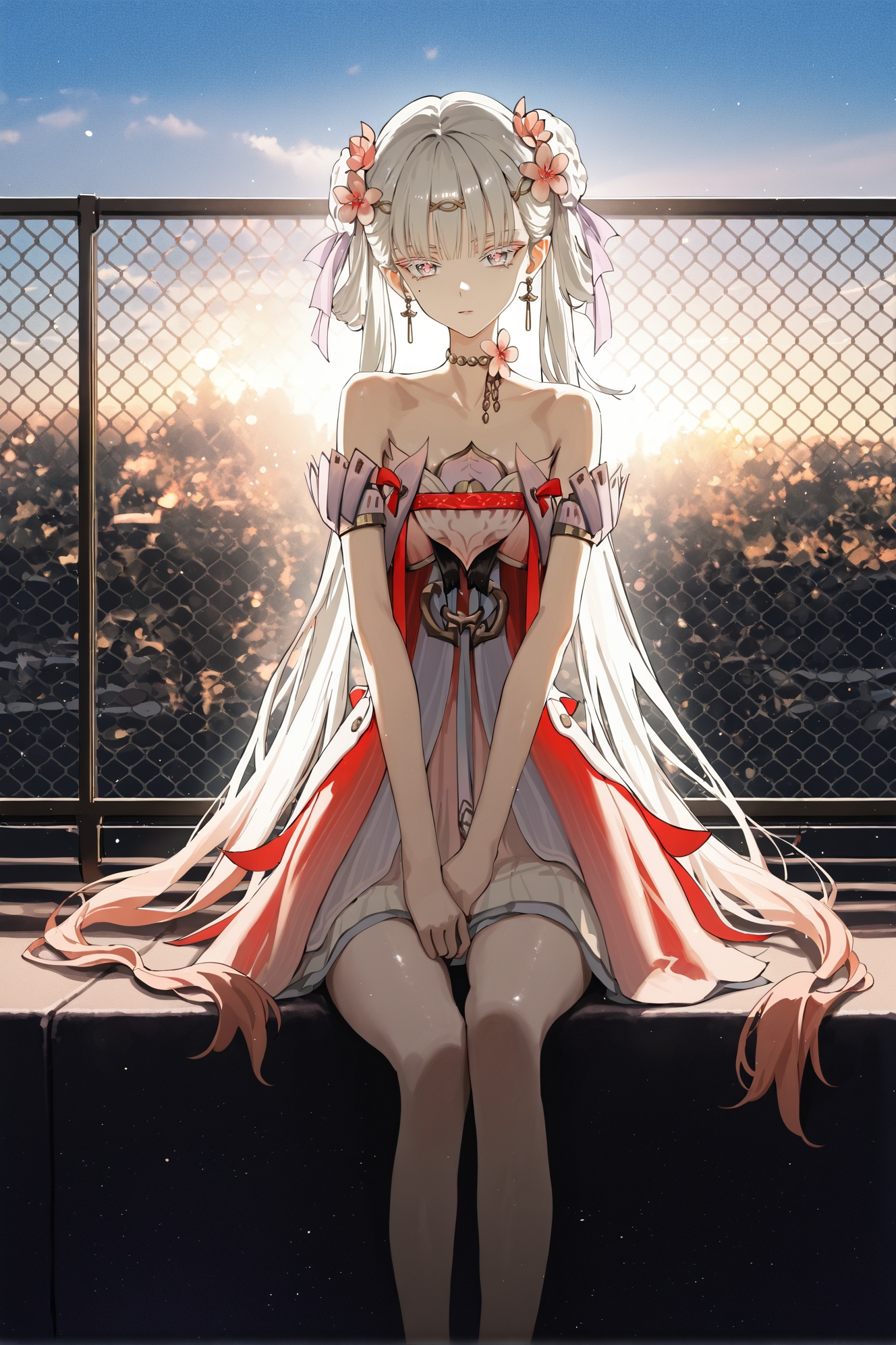 1girl,solo,masterpiece,best quality,newest,absurdres,highres,very aesthetic,newest,[(rsef:0.9),(kyokucho:0.6),(jyt:0.6),(tianliang duohe fangdongye:0.8),(dino \\(dinoartforame\\):0.4),(redum4:0.9),(nixeu:0.8)],skinny,colored eyelashes,(tsurime:1.2),outdoors,rooftop,chain-link fence,holding own arm,expressionless,backlighting,dusk,shiny skin,<lora:jxnew-noob-Tanger-000014:1>,jinhsi,jinhsi \(peach blossom\) \(wuthering waves\),(clothes:peach blossom pink dress,alternate costume,bare shoulders:1.2),flower-shaped pupils,1girl,hair ornament,hair flower,twintails,bangs,jewelry,very long hair,<lora:illustrious_noobai_epsilon_pred_1_masterpieces_v1:0.8>,masterpiece,very aesthetic,absurdres,