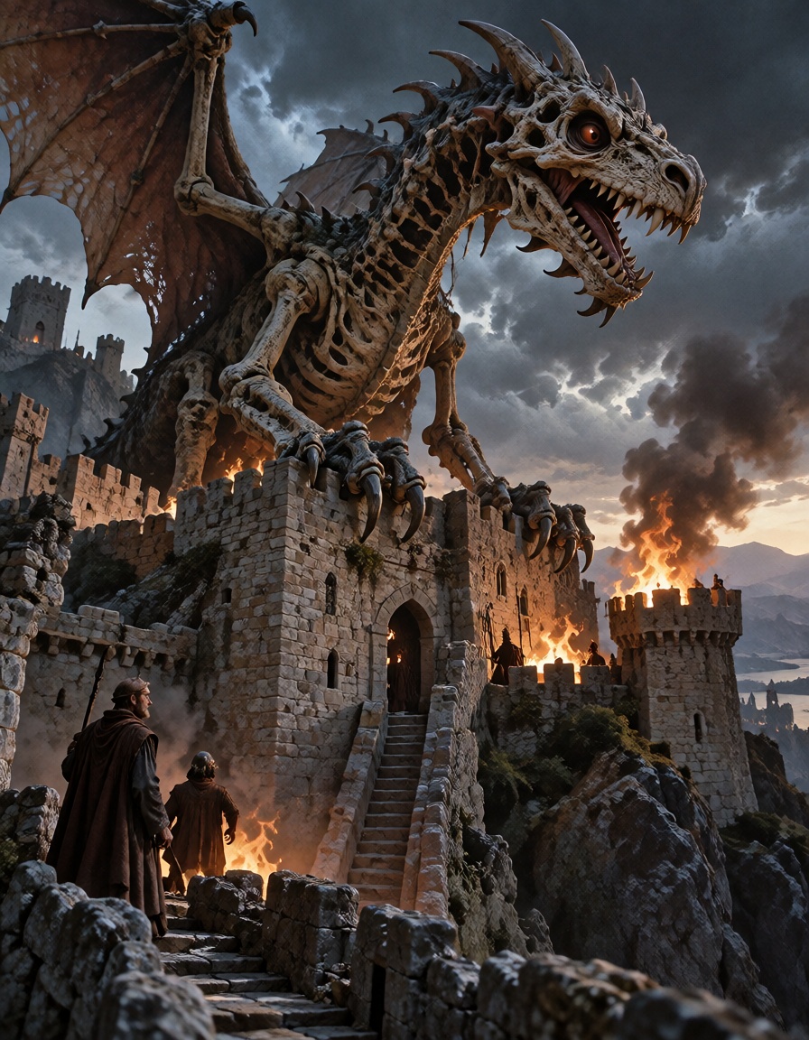 A skeletal dragon perched above a medieval fortress,  creature animated with traditional stop-motion techniques,  detailed...