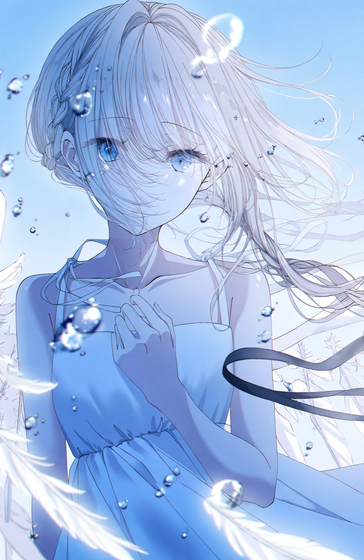 masterpiece,highres,absurdres,newest,best quality,loli,petite,high quality,chromatic_aberration,shiny_skin,//,1girl,solo,wings,blue_eyes,long_hair,looking_at_viewer,dress,feathers,bubble,braid,feathered_wings,upper_body,white_dress,ribbon,water_drop,angel_wings,white_hair,black_ribbon,white_wings,sleeveless_dress,sleeveless,floating_hair,bare_shoulders,collarbone,sky,outdoors,blue_sky,hand_up,air_bubble,//,<lora:aestivation——【CKXL】hans:0.88>,