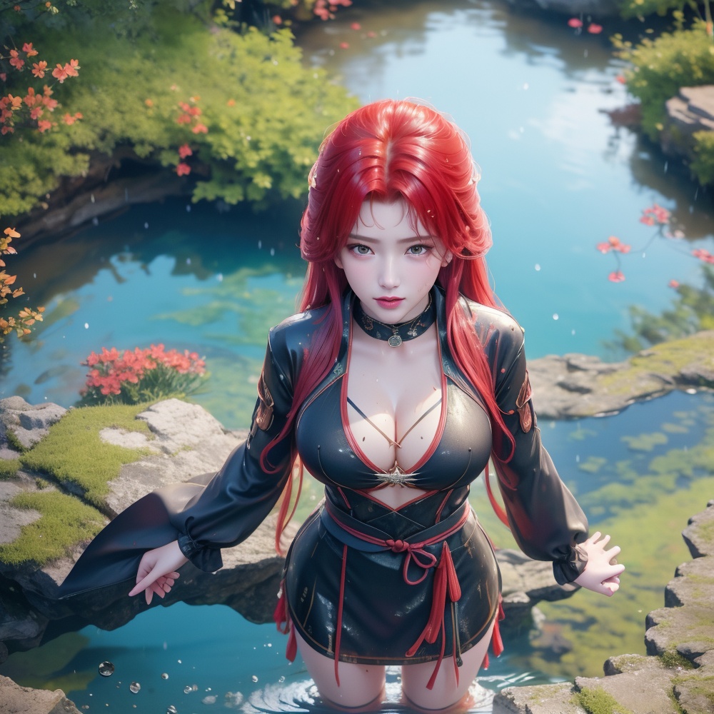 <lora:斗破苍穹-唐火儿:0.8>,red hair,  (,1girl, ,best quality, ),looking at viewer,  ,(Highest picture quality), (Master's work), full body, (ultra-detailed), the portrait is centered, 1girl, raiden shogun, nsfw, (wet clothes), blush, bare hips, (sheer shirt), (from above:1.7), (translucent dress), water drop, (rain), (outdoors), stained, wet hair, wet dress, wet, scenery, (long hair), nature background, close up, ((on back)), water,masterpiece, best quality, ultra high res, highly detailed, (abstract expressionism art:1.4), [girl | fire ghost:10], love,, dark rainbow theme, colorful, visually stunning, beautiful, gorgeous, emotional, intricate, perferct shading, rainbow hair,upper body,(cleavage),
