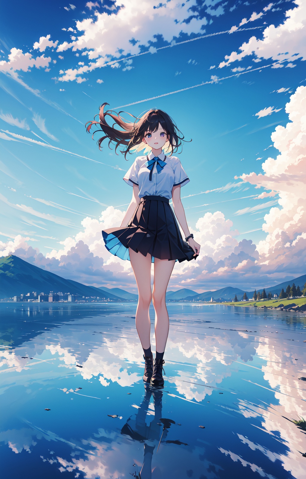 cute girl,standing,mid shot,perfect lighting,dynamic shot,horizon,reflection,blue sky,cloud,