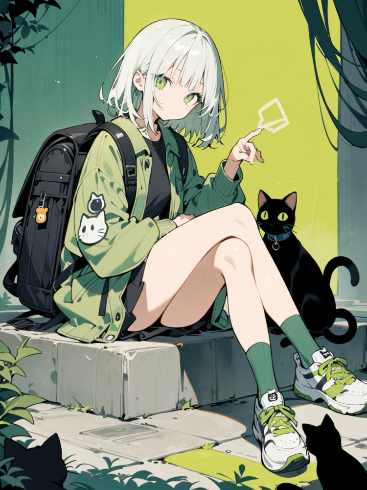 1girl, cat, green eyes, black cat, shoes, white hair, backpack, socks, looking at viewer, jacket, solo, sitting, sneakers, bag, bangs, green jacket, medium hair, animal, green theme, crossed legs, green socks, shirt, solo, Illustration , Pencil hand drawing