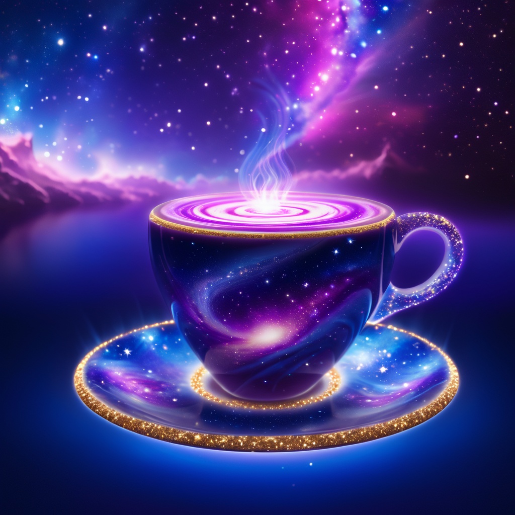 enchanting scene,  a steaming cup of coffee made of light,  the liquid within the cup forms a swirling cosmic galaxy made...