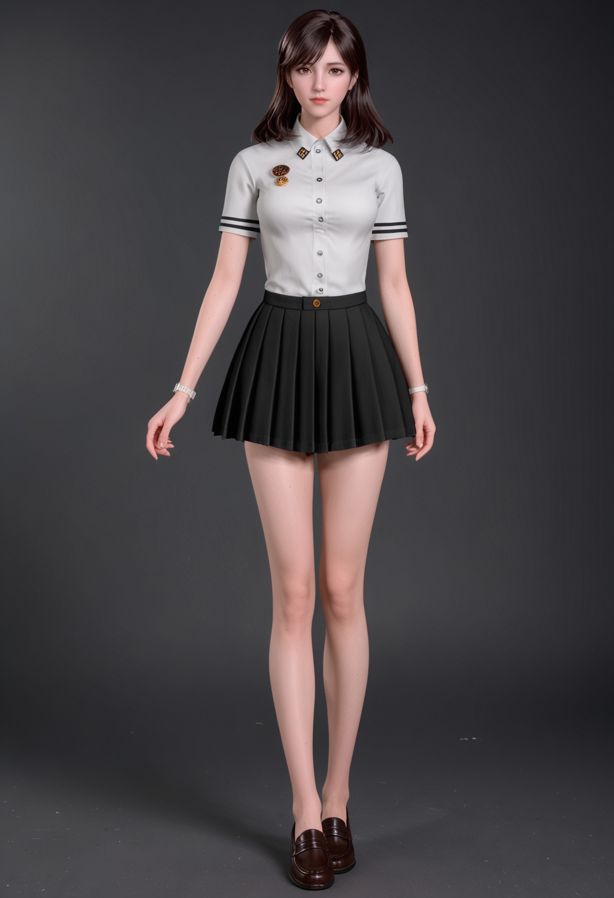 (standing full_body:1.1),(masterpiece:1.1),(best quality:1.2),(intricate details),(looking at viewer:1.1),facing viewer,direct gaze,<lora:YQ_pony_xuxin2.0_V5:0.8>,q1528437228,1girl,solo,long hair,brown eyes,brown hair,shirt,black hair,buttons,skirt,school uniform,jewelry,watch,wristwatch,black eyes,medium hair,swept bangs,bracelet,loafers,BREAK simple background,pure black background,black background,perfect anatomy,