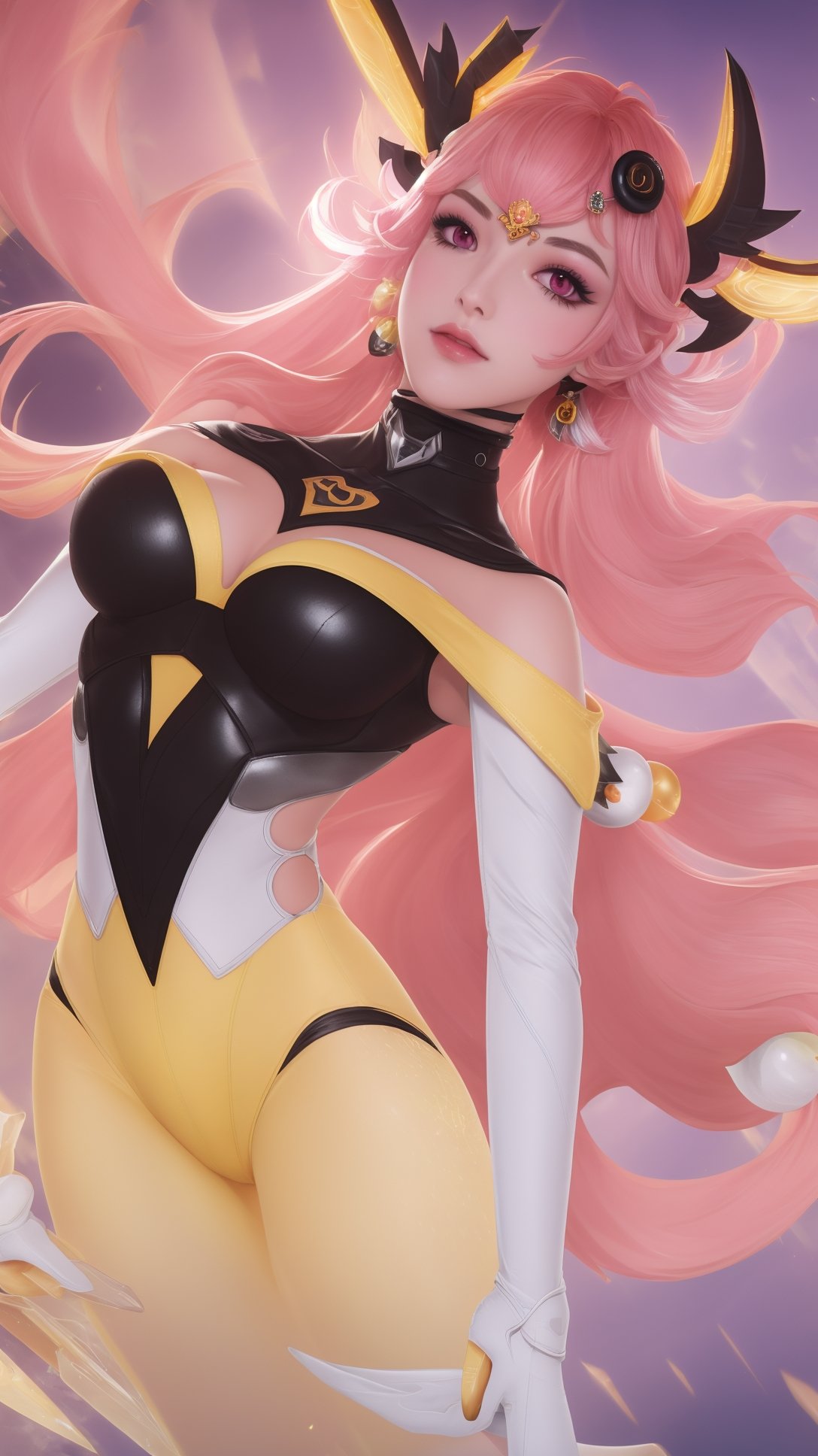 (1girl),smooth chin,masterpiece,detailed face,((hair ornament:1.6)),top quality,4k,make up,best quality,(detached sleeves),(medium breasts),blush,body blush,<lora:王者虞姬无限倾慕_v1.0:0.9>,(full body,long legs),black gloves,full bvody highleg leotard,yellow pants,white see-through sleeves,white mixed black edge clothes,(white bra),pink eyes,bare shoulders,headgear,