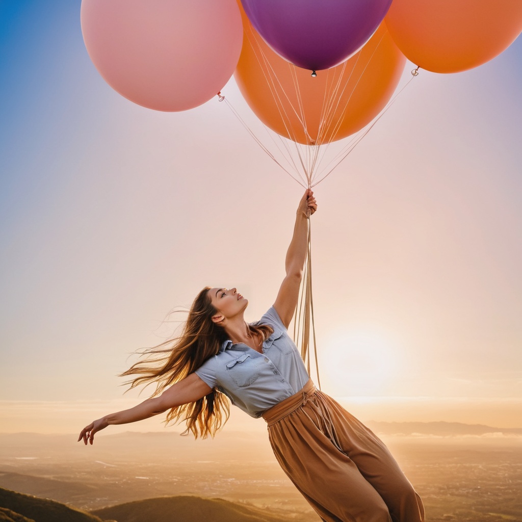 attractive woman being lifted skyward hanging below (massive,  extremely large,  helium balloons) on Tensor.Art