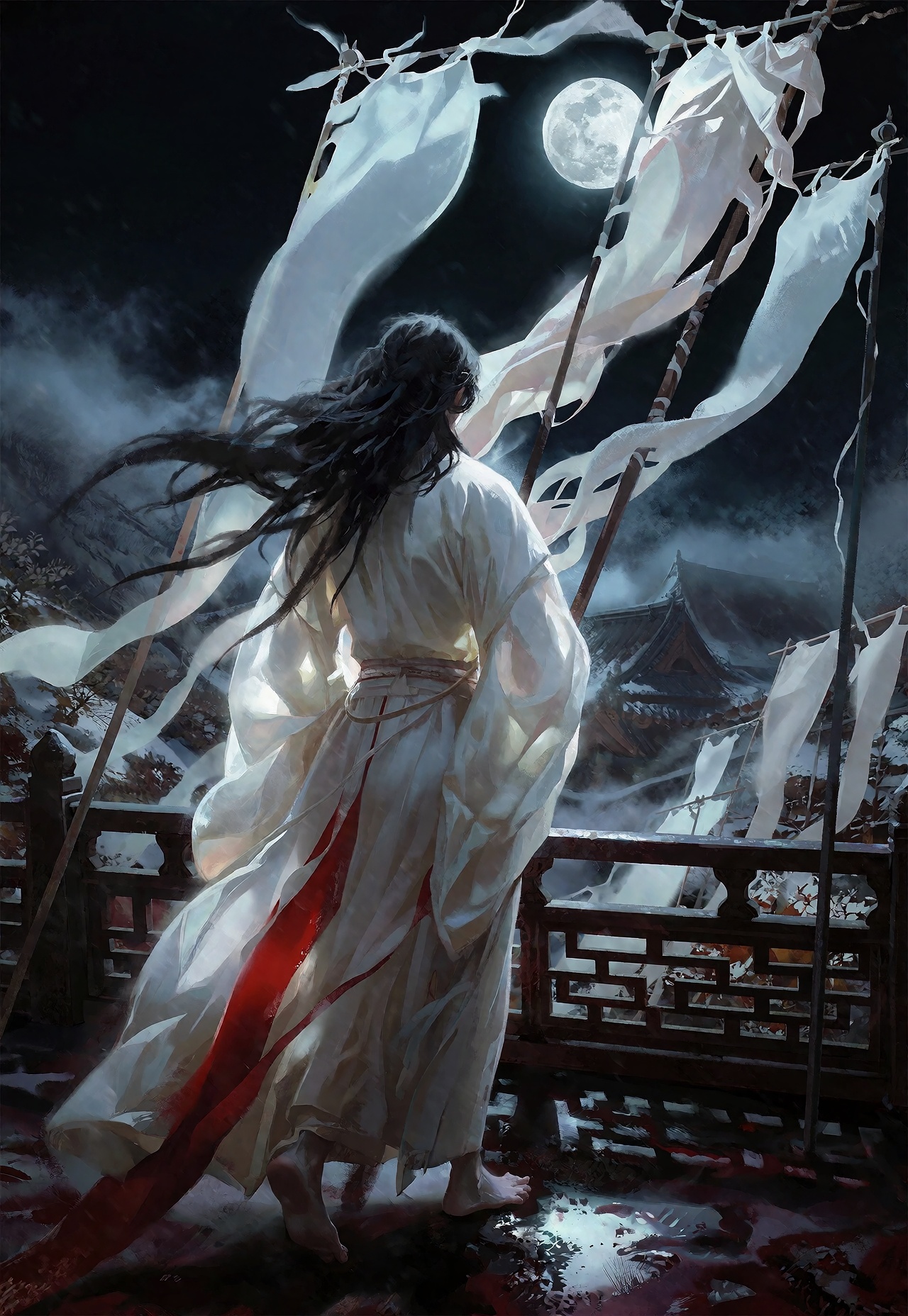 Standing upon a rain-slicked wooden terrace beneath a cold full moon in a stark palette of midnight black,  phantom white,...