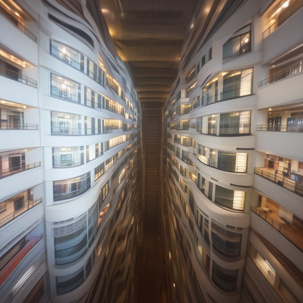 looking up from the ground floor of an abandoned shopping mall. There are fifteen visible floors leading upward to the top...