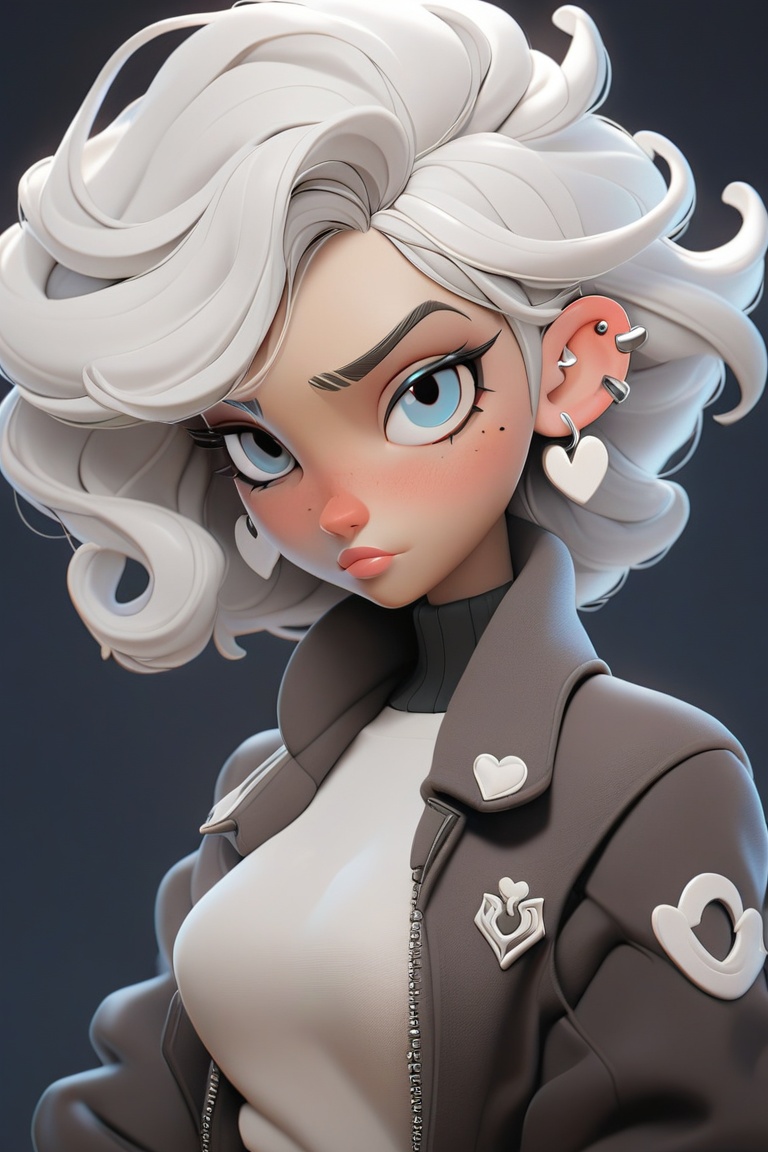 The image showcases a detailed, 3D animated female character with silver-white, flowing hair, piercing blue eyes, and a determined expression. She is dressed in a dark-colored jacket with a prominent emblem or logo on the left side., 1girl, solo, jewelry, earrings, blue eyes, looking at viewer, lips, nose, heart, eyelashes, turtleneck, short hair, mole, piercing, jacket, upper body, white hair, heart earrings, ear piercing, (masterpiece,best quality:1.2)