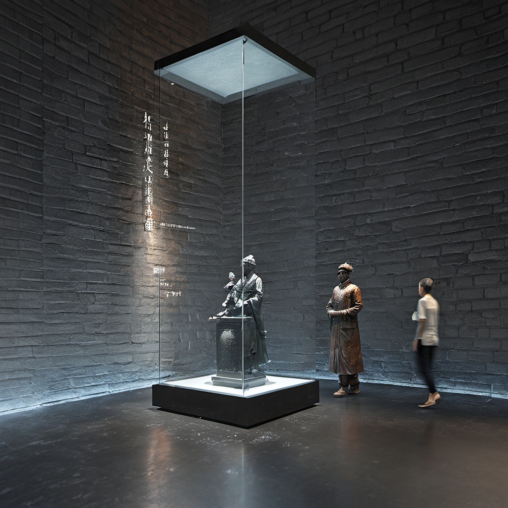 BOWUGUANkongjian,BOWUGUANkongjian,Square glass displays, sculptures, people, gray brick walls, dark floors, dim Spaces, masterpiece,High quality,4K,professional lighting,VRAY rendering<lora:BWG (8):0.8>