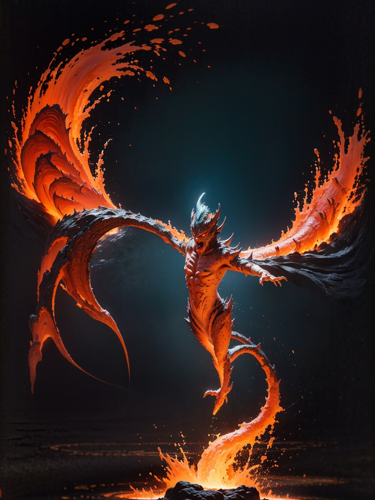 Master piece,highly detailed,best quality,high resolution,volcano,(lava\(glowing, splash,high in the air, surrounding monster\):1.2),full shot,front view,(minimalism:1.3),(chinese shanhaijing),(a monster from ancient Chinese myth\(standing on lava\) :1.5),( Chinese meticulous painting:1.5),(mmortal beast from Chinese mythology:1.1),Chinese classical patterns,****** of chinese,stunning atmosphere,