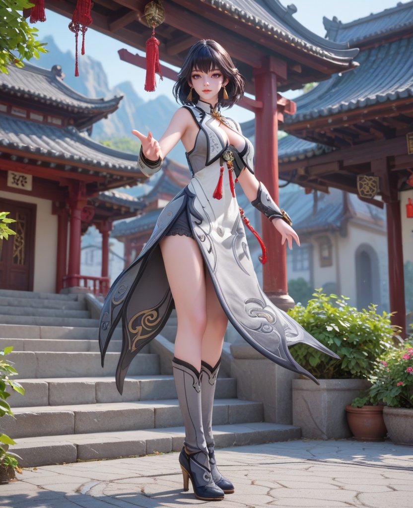 (oriental architecture, elegant decor, sophisticated style:1.1),(standing, a eagle standing on her arm:1.1),(large breasts:1.2),<lora:XL16王者荣耀元流之女流:0.95>,miss yuanliuzhinv,white paired with gray dress,shrug \(clothing\),purple eyes,black hair,short hair,tassel earrings,gauntlets,high heel boots,, score_9,score_8_up,score_7_up,score_6_up,score_5_up,score_4_up,3d rendering,tag1,tag2, Cinematic Lighting,backlighting,, zPDXL3, zPDXL2,zPDXL, zPDXLxxx, zPDXLrl,