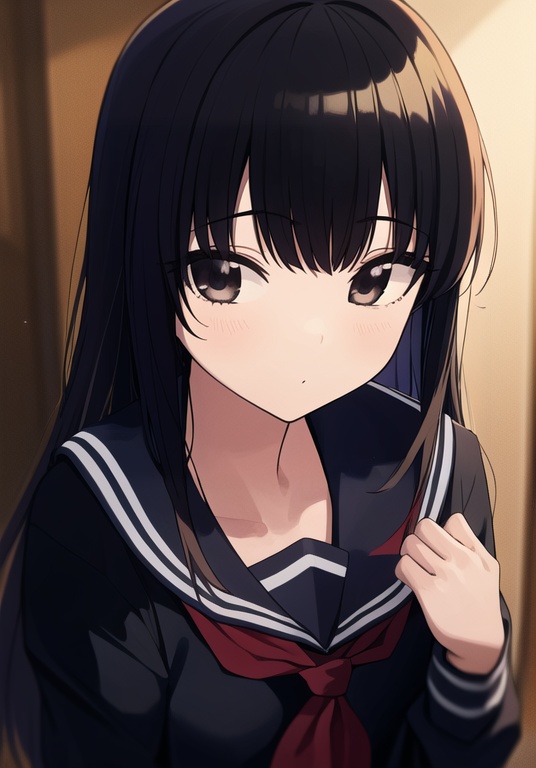 (best quality), ((masterpiece)), (highres), illustration, original, extremely detailed  <lora:モだれの画布:0.6>msds, 1girl, solo, black hair, sailor collar, long hair, shirt, looking at viewer, school uniform, serafuku, neckerchief, closed mouth, black sailor collar, black shirt, red neckerchief, upper body, black serafuku, bangs, black eyes, artist name, blurry, blurry background