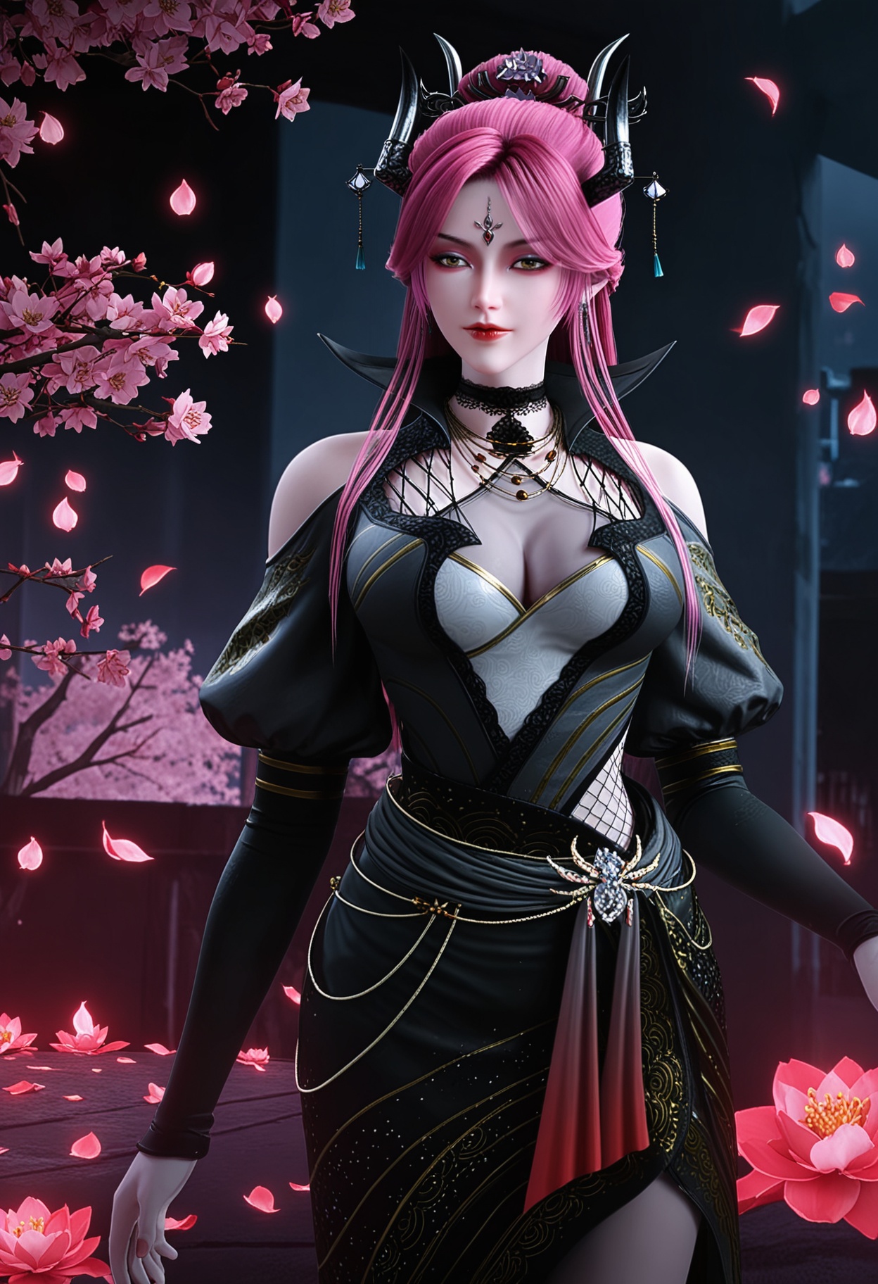 (cowboy shot:1.2),looking at viewer:1.1,masterpiece,(best quality),(mutated_hands:-1.2),(bad hands:-1.2),smog,Dark room,dim lighting,peach blossom,falling petals,<lora:YQ_Illustrious光辉v5_曼罗_V1:0.9>,q1528437228,1girl,solo,long hair,pink hair,jewelry,horns,hair ornament,earrings,choker,dress,makeup,necklace,red lips,red hair,purple hair,black dress,forehead mark,black high heels,yellow eyes,high collar,black choker,brown eyes,pantyhose,hair bun,black pantyhose,hair over one eye,long sleeves,puffy sleeves,eyeshadow,