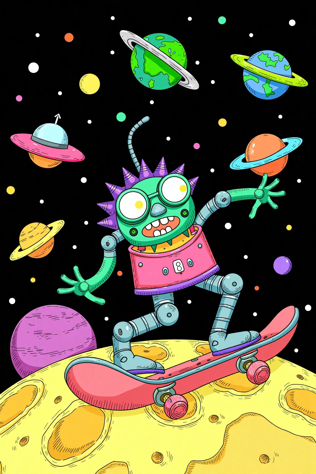 A vibrant,cartoon-style digital drawing depicts a green-skinned,robotic humanoid with a spiked collar and goggles skateboarding on a moon with a cratered surface. Surrounding them are colorful spaceships,planets,and a black starry sky. The scene is playful and whimsical,with exaggerated,colorful details and a retro-futuristic aesthetic,