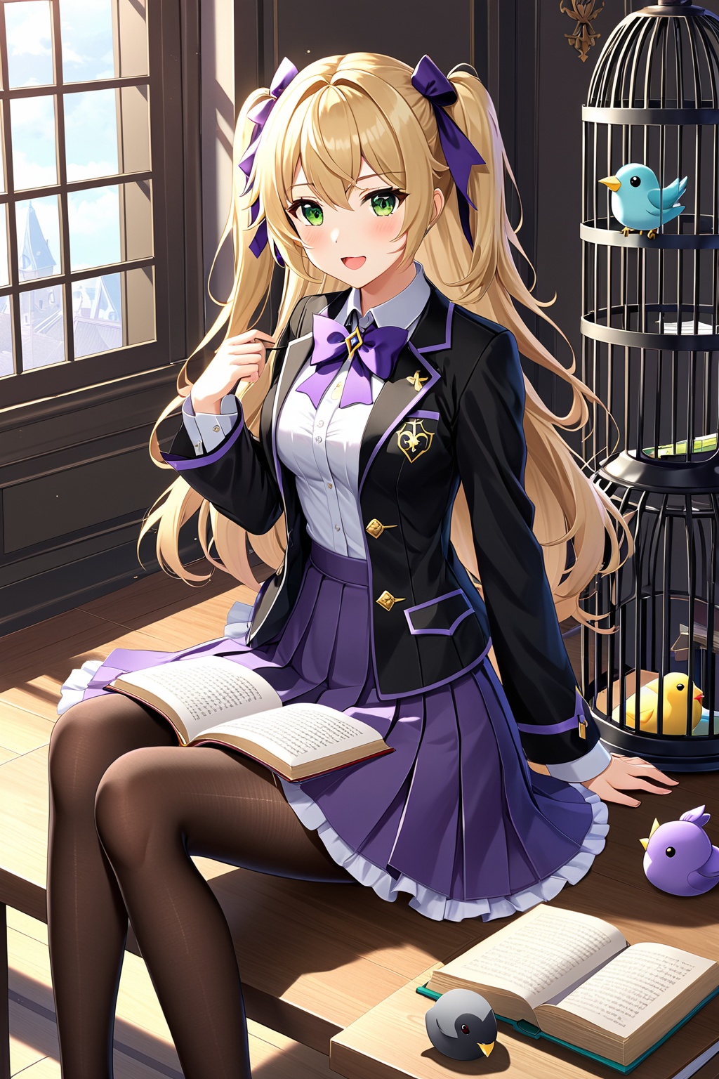1girl, solo, long hair, breasts, looking at viewer, blush, open mouth, bangs, skirt, blonde hair, shirt, long sleeves, bow, ribbon, sitting, school uniform, green eyes, jacket, hair ribbon, white shirt, pantyhose, pleated skirt, indoors, bowtie, bag, two side up, black jacket, book, black pantyhose, bird, no shoes, eyepatch, stuffed toy, stuffed animal, purple skirt, purple bow, yokozuwari, purple bowtie, cage, fischl \(genshin impact\)