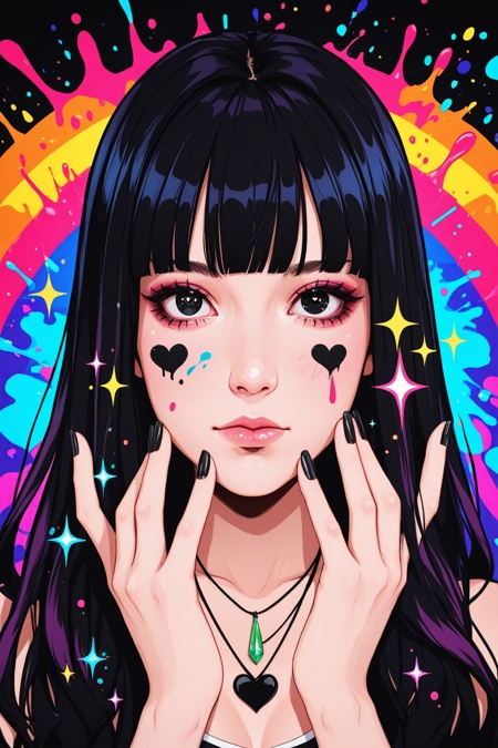 masterpiece, best quality, aesthetic, 1girl, rainbow, solo, black_hair, looking_at_viewer, long_hair, black_eyes, black_nails, bangs, necklace, jewelry, blunt_bangs, heart, hands_up, nail_polish, fingernails, closed_mouth, paint, sparkle, portrait, abstract, multicolored_background, paint_splatter