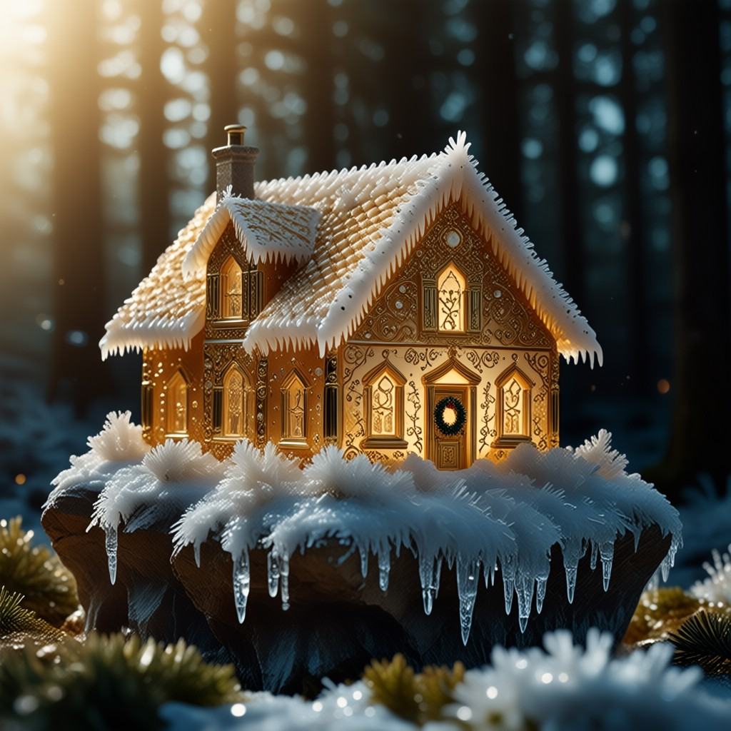 goldintricate This photograph captures a beautifully detailed,  illuminated gingerbread house perched on a snow-covered,...