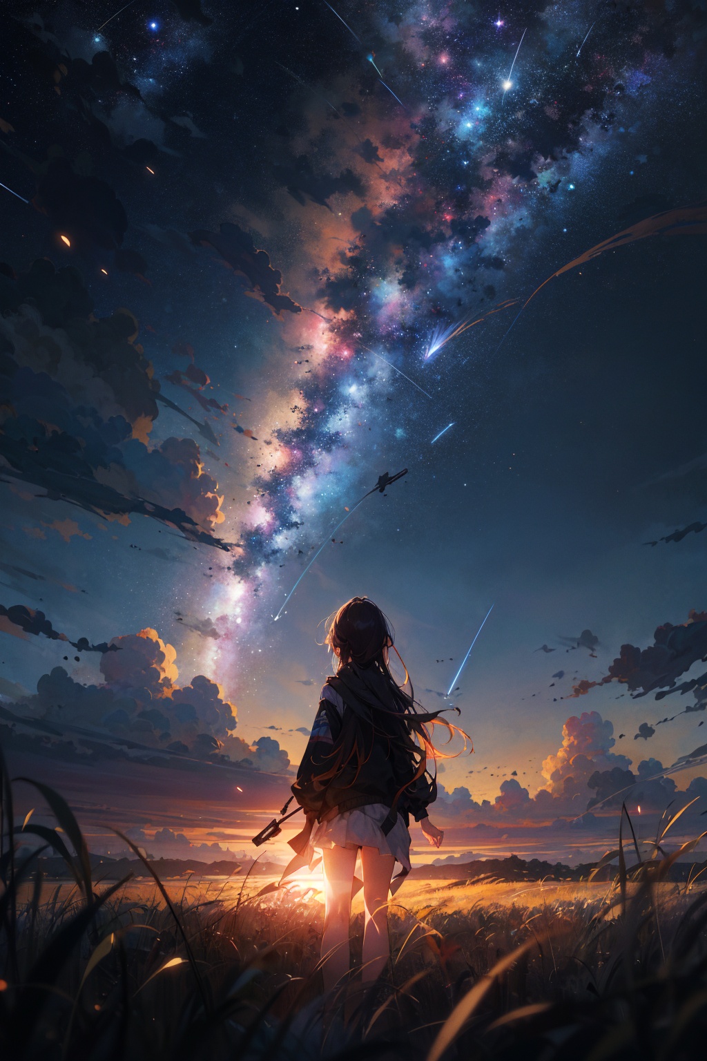masterpiece,best quality,from behind,your name,1girl,solo,far away,silhouette,grass,nature,open field,landscape,night,shooting star,starry sky,