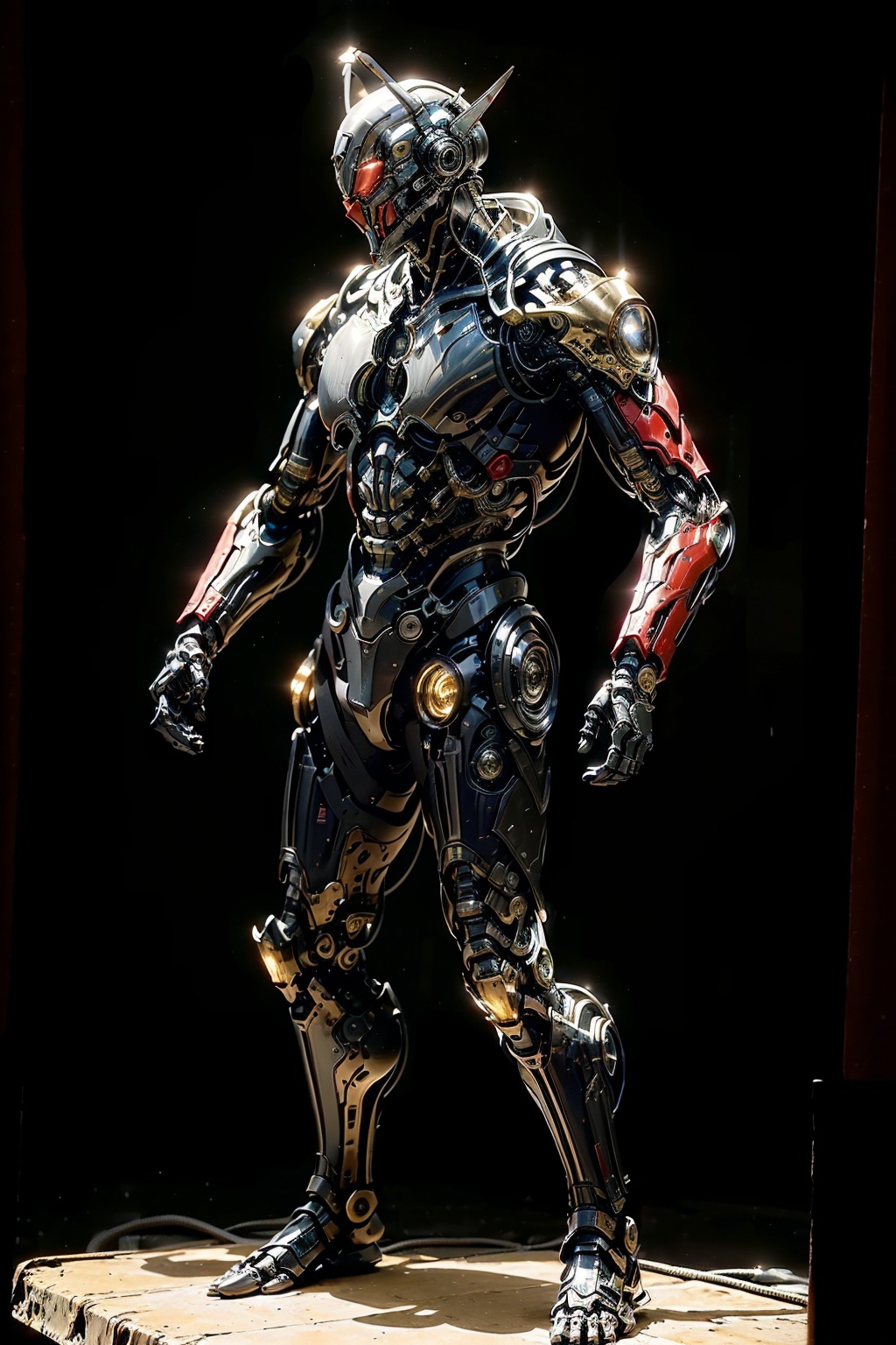 masterpiece,best quality,(highly detailed),boy soldier,Mechanical  cloak,strong,cyborg,(full body:1.3),(bright lighting:1.3),wide angle,(Light  background:1),<lora:hjyrobo5-000010:0.8>,complex body,(red and black),slivery:1.3,light beam,Surface grave with Victorian patterns,alien style,in style of  H.R. Giger,side view,lighting surface,