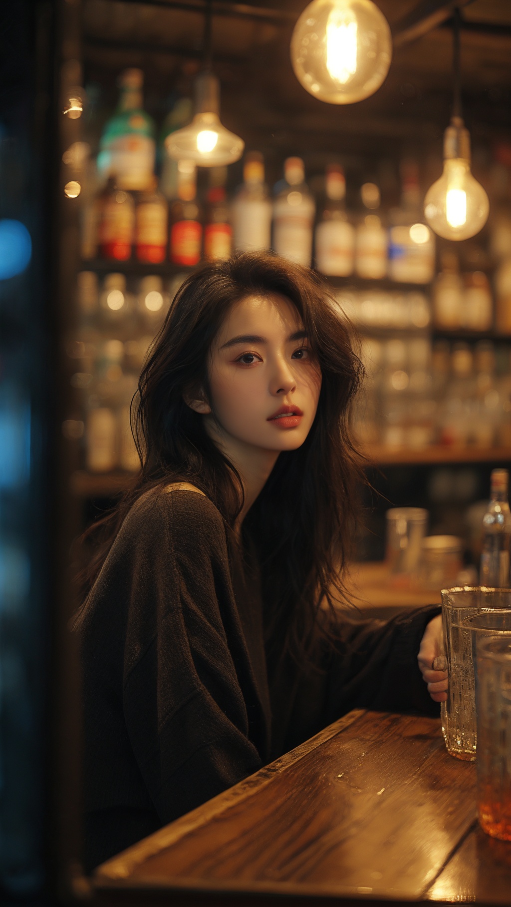 sdmai, fanhua, 1girl, solo, long hair, blurry, looking at viewer, brown eyes, brown hair, bottle, depth of field, parted lips, lips, cup, realistic, drinking glass <lora:SDMAI繁花肖像写真fanhua:0.8>