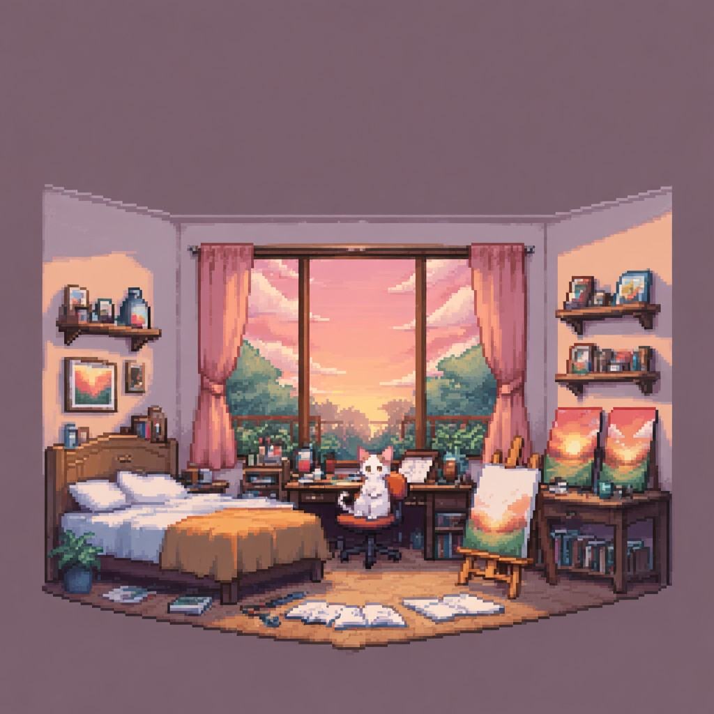 A pixel art scene of a bedroom with large windows overlooking the garden,  bathed in warm pink and orange hues during suns...