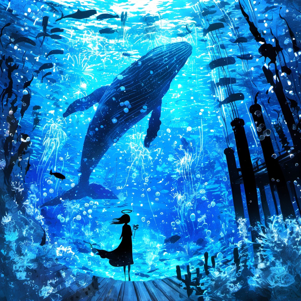 <lora:star_xl_v3:1>, silhouette painting, ethereal ambiance, blue theme, 1girl, solo, short hair, dress, scenery, fish, bubble, underwater, silhouette, fireworks, whale, aquarium, standing, water, night, animal, wide shot, pillar, surreal, a vibrant underwater scene illuminated by radiant blue light filtering through the water's surface, a blue and black silhouette of  a large majestic whale swimming gracefully, its body reflecting the light. surrounding the whale are various marine creatures, including smaller fish and rays and a few larger fish, the water is teeming with life and there are bubbles scattered throughout, suggesting movement or activity., a black silhouette of a person standing on a wooden structure possibly a shipwreck or a platform. the entire scene is painted in a rich on the right side, detailed style, capturing the beauty and wonder of the underwater world.