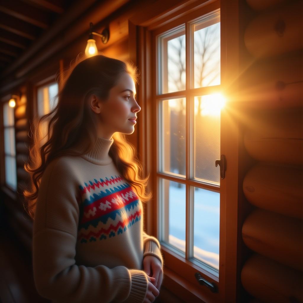 Photograph of a young woman with long,  wavy brown hair standing by a wooden-framed window in a log cabin. She is wearing...