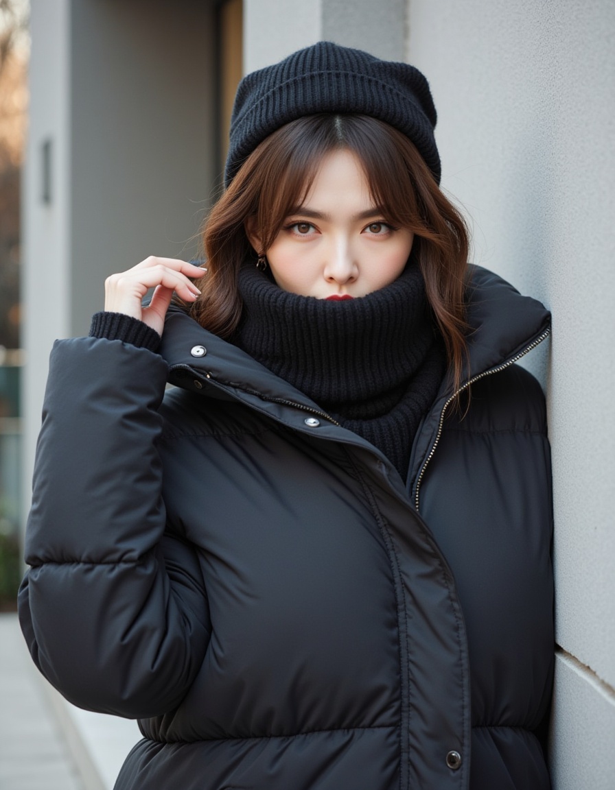 in Puffer coat， a real picture of a south korea woman,