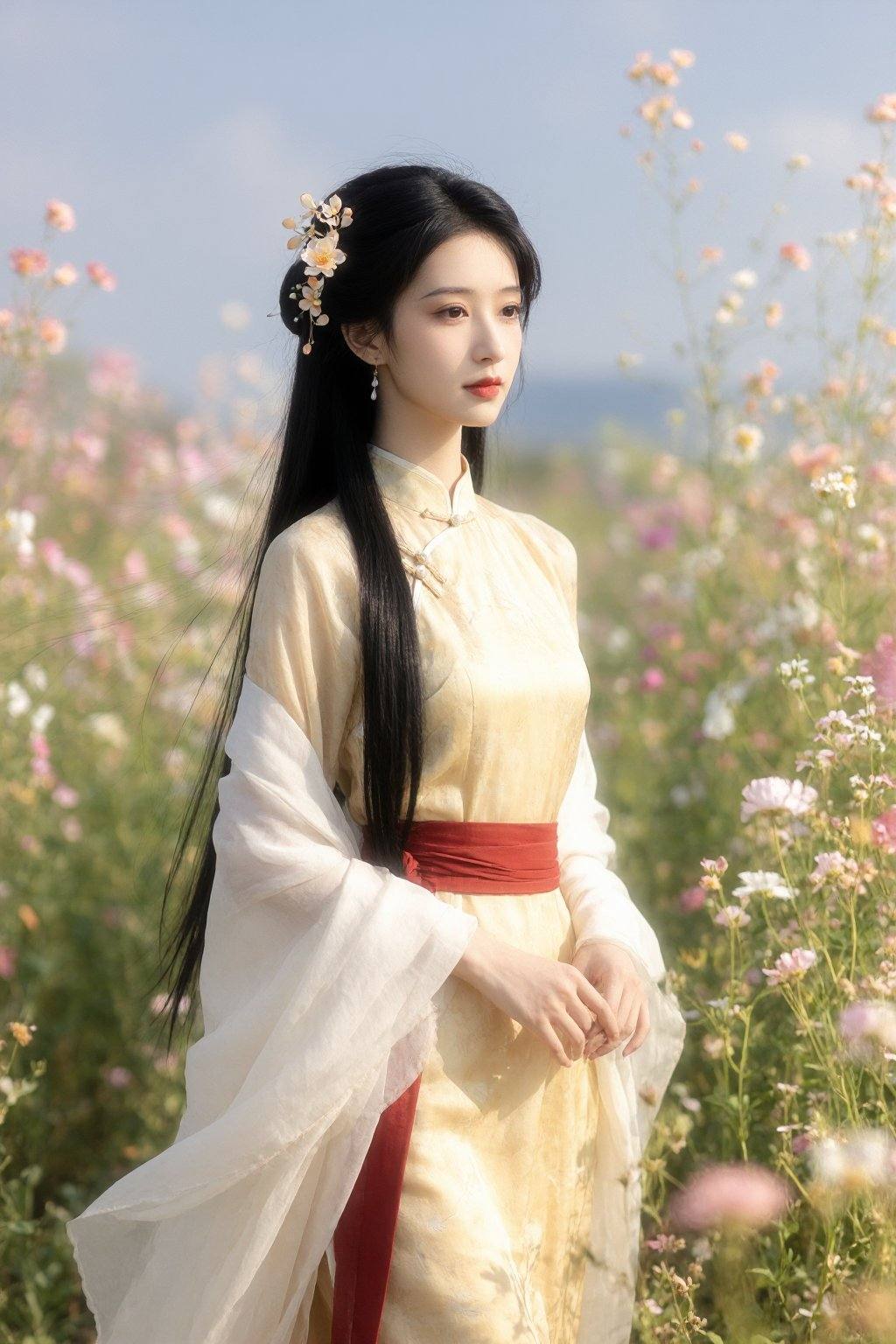 A photograph of an East Asian woman standing in a field of blooming flowers, with a serene expression. She has long, straight black hair adorned with delicate floral hair accessories. She wears a traditional Chinese qipao dress in soft yellow with a red sash, and a sheer white shawl draped over her shoulders. The background features pink and white flowers, with a clear blue sky. The image captures a peaceful, ethereal atmosphere.