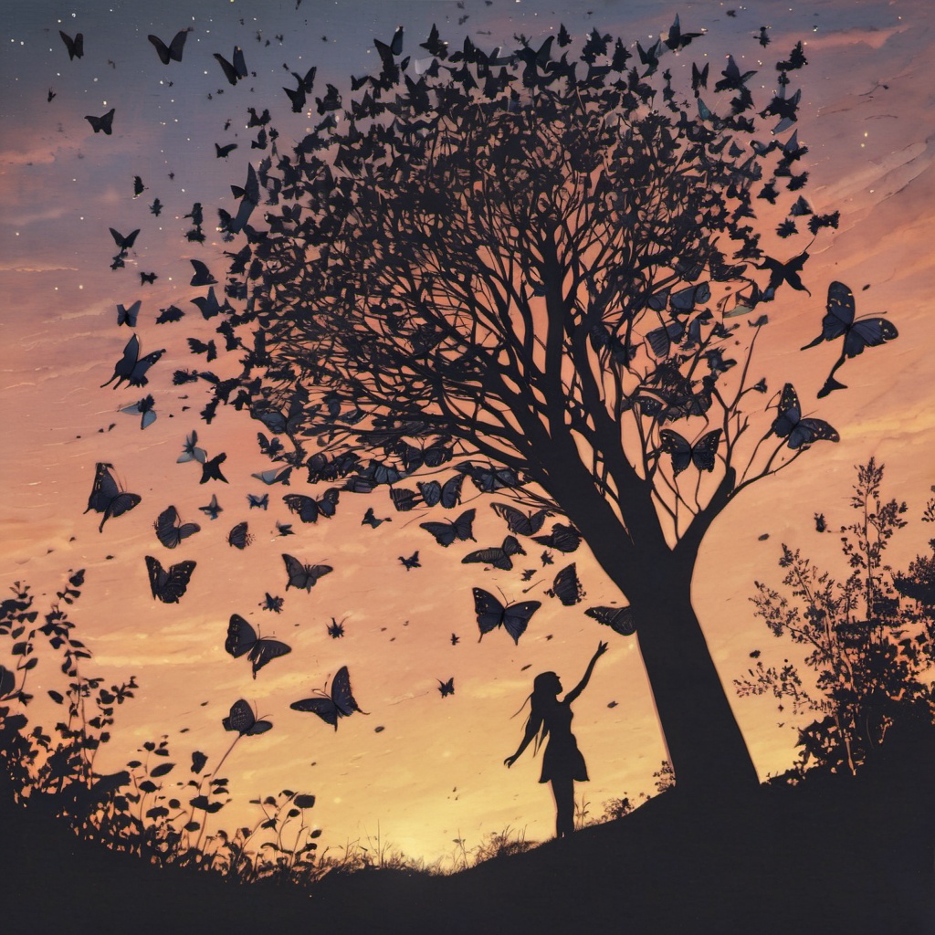 <lora:ukiyo-e_xl:1>,butterfly wings,bug,wings,scenery,solo,silhouette,butterfly,sky,tree,no humans,light particles,fairy,sunset,nature,outdoors,star (sky),glowing,twilight,
