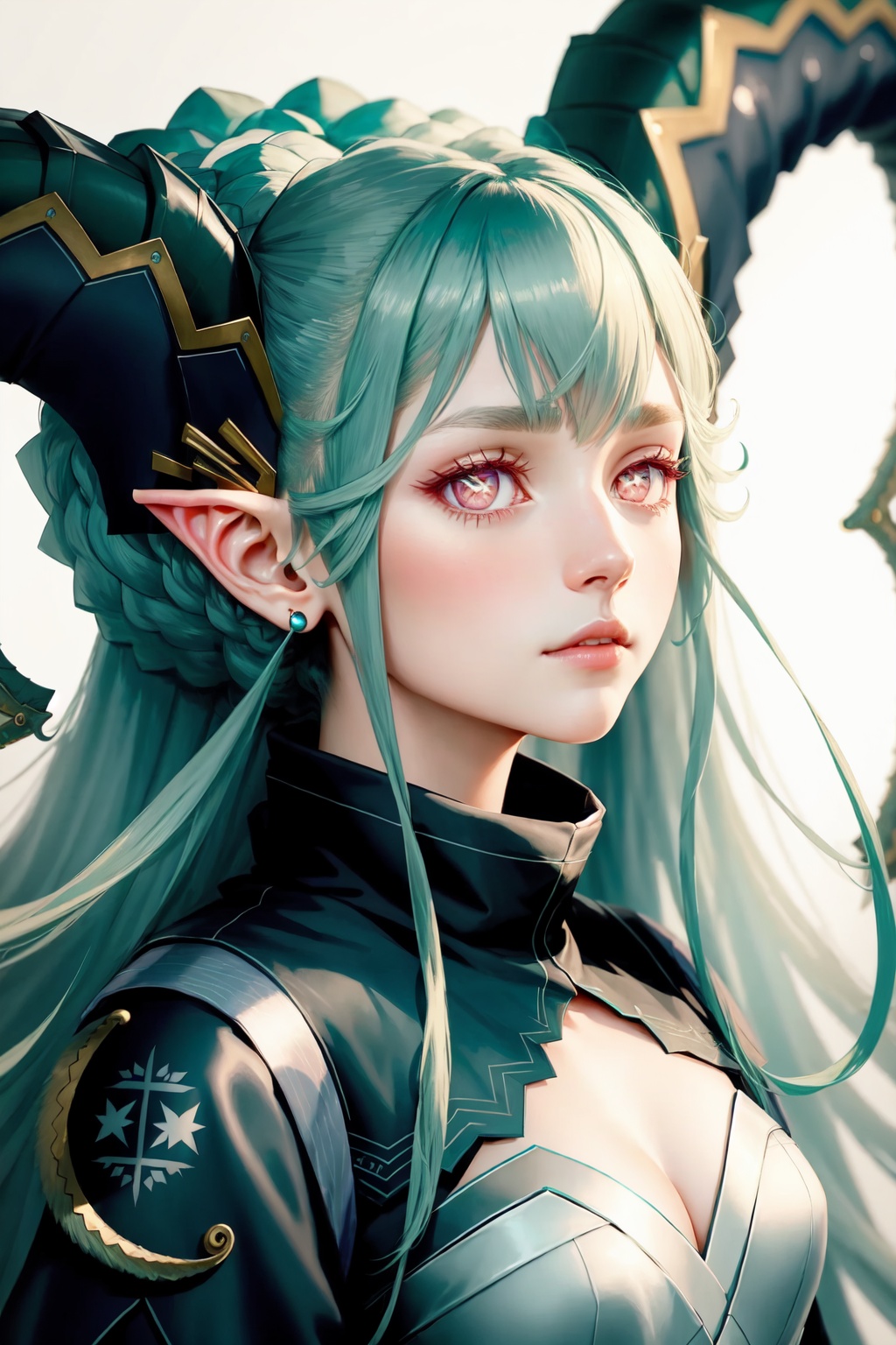 portrait,close-up,upper body,tiamat_(fate),1girl,curled_horns,symbol-shaped_pupils<lora:tiamat_(fate):1>,simple background,white background,masterpiece,best quality, highly detailed, 