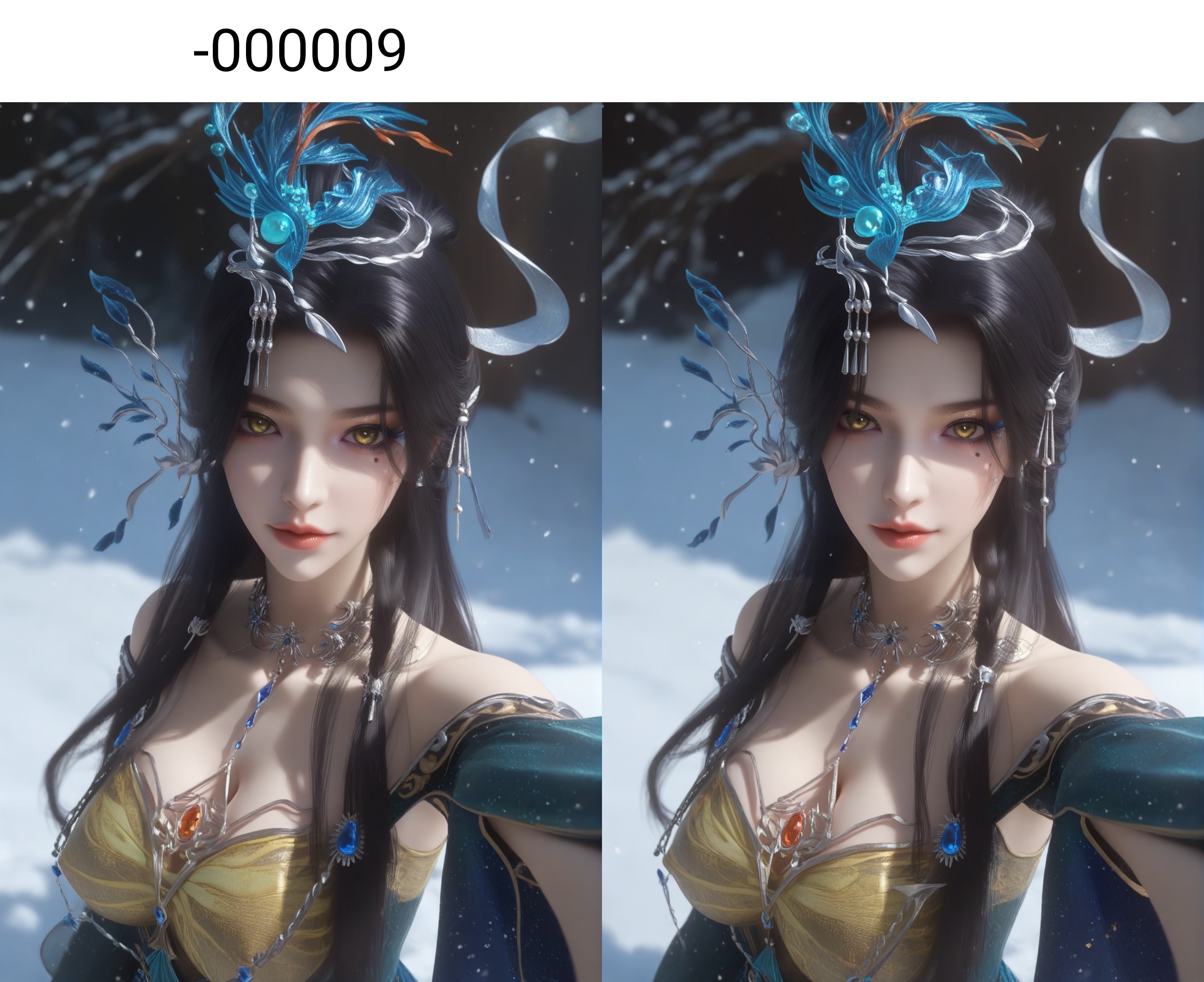 (score_9),(upper body),<lora:云望舒-apony-000009:0.83>,yunwangshu,1girl,solo,yellow eyes,long hair,hair ornament,black hair,updo,hair bun,mole under eye,eyeshadow,makeup,metal collar,chest jewel,detached sleeves,dress,<lora:Expressive_H-000001:0.8>,front view,looking at viewer,dutch angle,dynamic_angle,from above,selfie,v sign,closed mouth,mature female,collarbone,pointy breasts,puffy breasts,((large teardrop breasts)),cleavage,<lora:e肤色滑块:0.35>,fair_skin,(pale_skin),(white_skin),light skin,ultra-detailed skin texture,detailed textures,BREAKsimple background,in snow,Tyndall effect,available light,depth of field,tree,snowflakes,branch,twig,4K ultra HD,sharp focus,high detail,natural lighting,high contrast,<lora:e色温:0.3>,