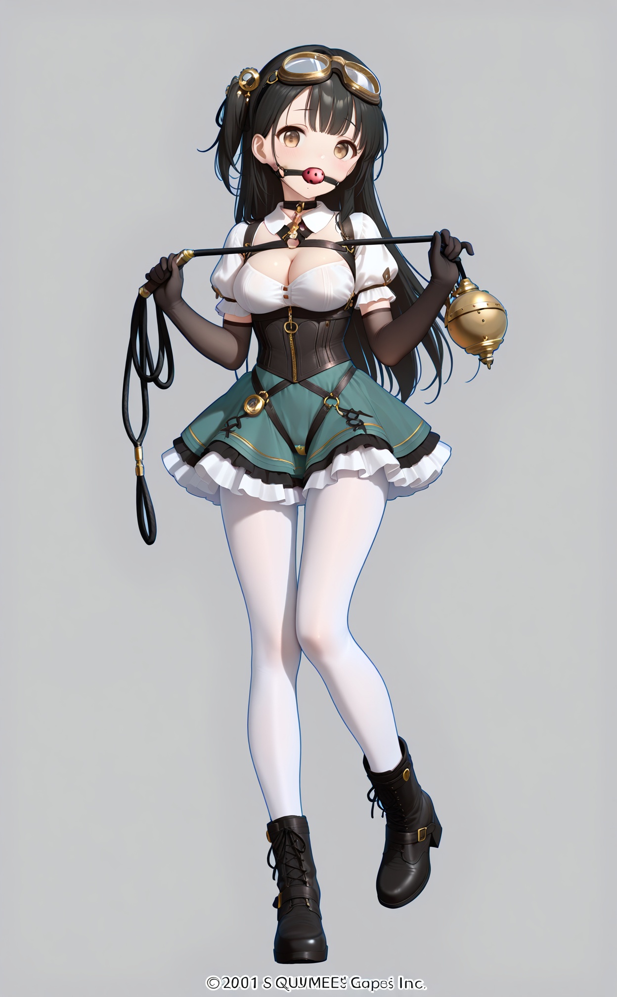 white_background,masterpiece,very aware,highres,absurdres,newest,best quality,high quality,chromatic_aberration,//,1girl,goggles,ball_gag,solo,wiffle_gag,breasts,pantyhose,gloves,gag,white_pantyhose,full_body,goggles_on_head,cleavage_cutout,long_hair,standing,boots,cleavage,black_hair,corset,standing_on_one_leg,brown_eyes,medium_breasts,clothing_cutout,rope,white_background,elbow_gloves,gagged,looking_at_viewer,black_gloves,whip,belt,simple_background,skirt,holding,zipper,short_sleeves,bdsm,frilled_skirt,hair_ornament,open_mouth,steampunk,one_side_up,tachi-e,copyright_notice,black_footwear,underbust,green_skirt,bound,frills,puffy_sleeves,puffy_short_sleeves,bondage_outfit,//,//,absurdres,newest,very aesthetic,amazing quality,highres,sensitive,highres,ultra detailed,best anatomy,HDR,8K,high detail RAW color art,high contrast,//,<lora:himitsu——【noob】hans:1>,