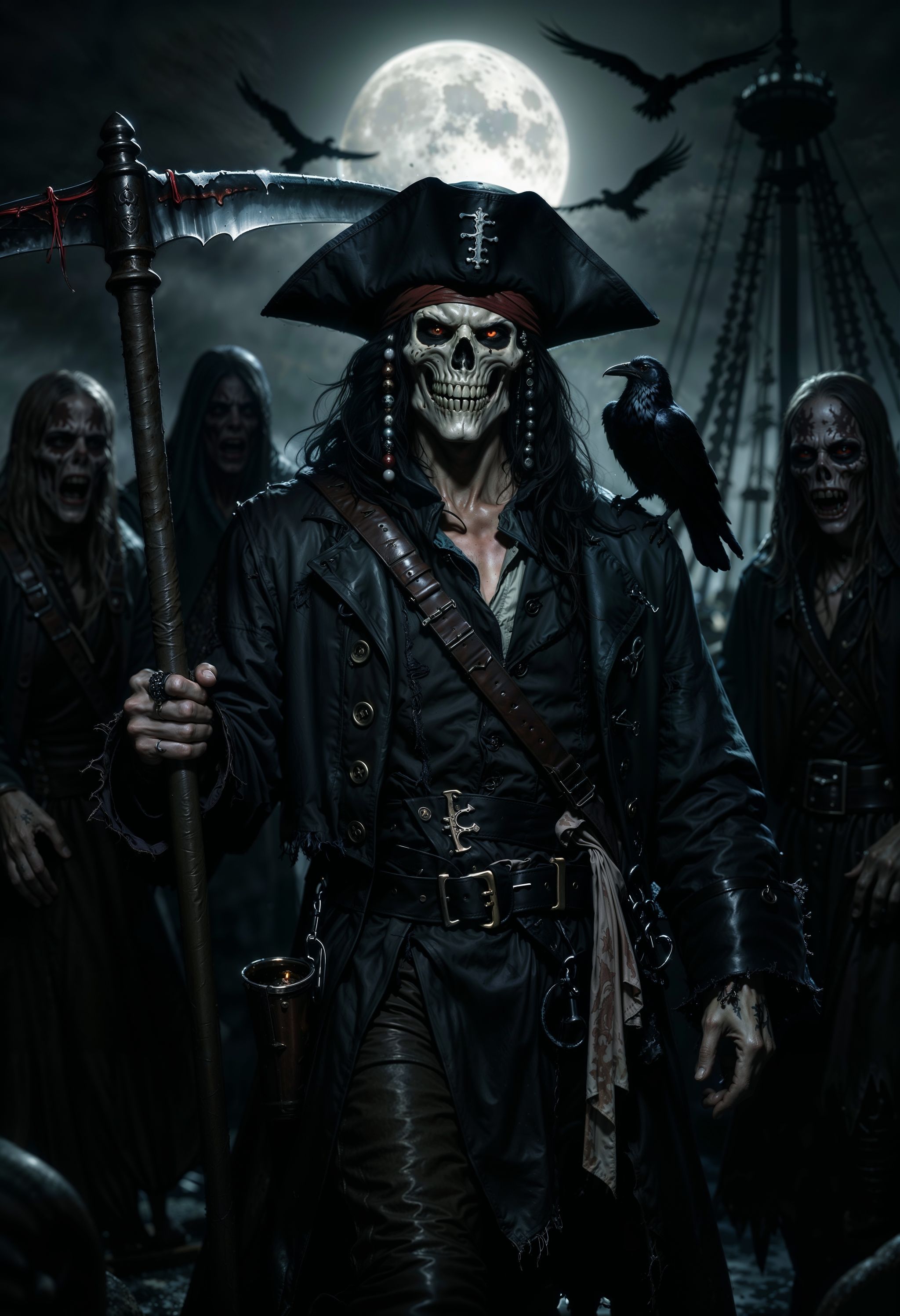 A gnarly pirate with a creepy skull face,  decked out in tattered,  dark threads and a massive hat on Tensor.Art