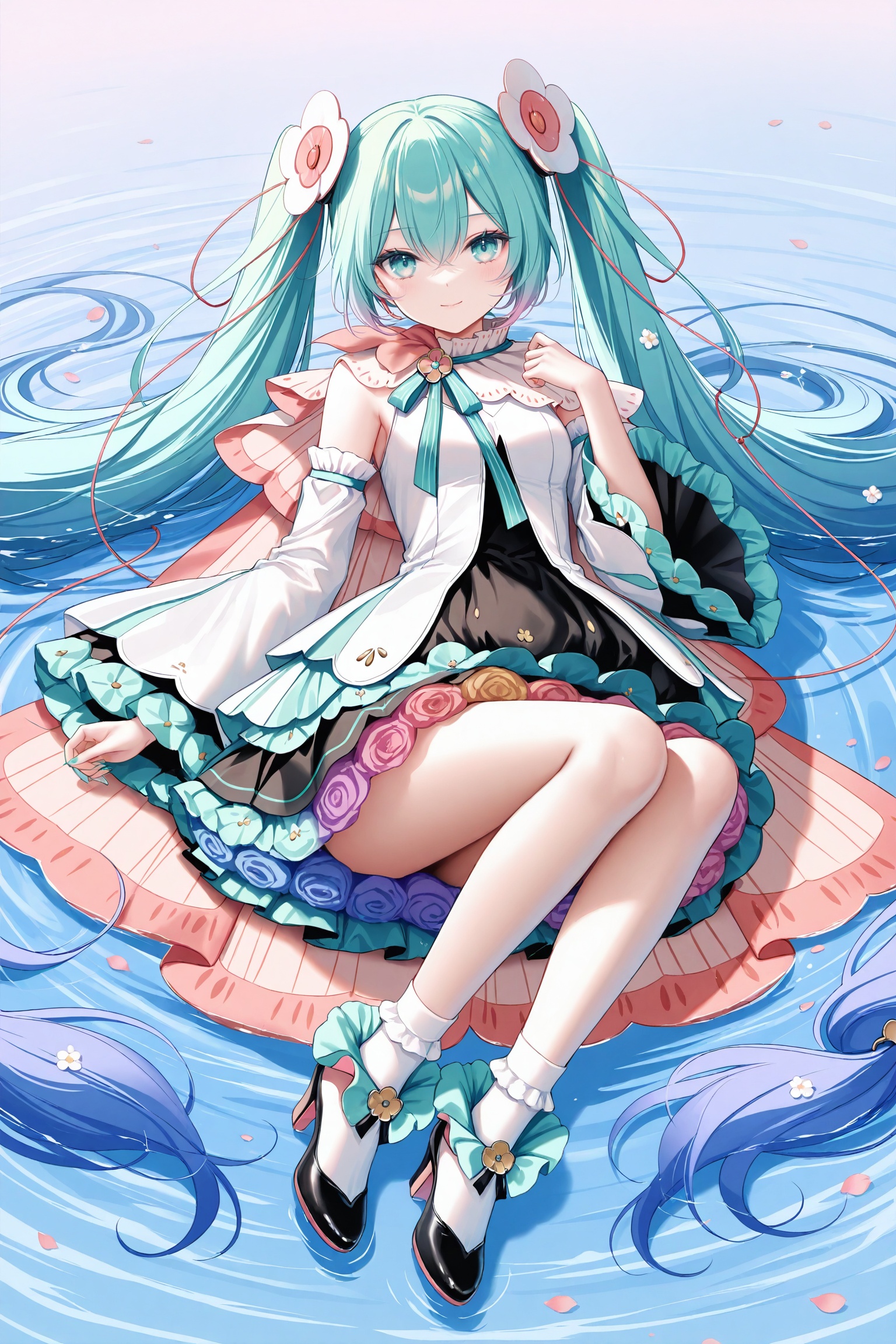 masterpiece,best quality,newest,absurdres,highres,soft shadows,photorealistic,(chen bin:0.5),(hiten \(hitenkei\):0.4),(rimuu:0.5),(mignon:0.5),(sheya:0.6),<lora:MMM2021XLNAI:1>,magical mirai miku \(2021\),white clothes,cape,wide sleeves,frilled skirt,black skirt,hair ornaments,detached sleeves,frilled sleeves,high heels,on water,floating_on_water,