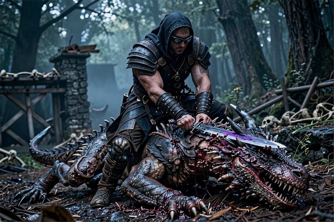 Cinematic realism — gritty,  atmospheric action sequence shot on film stock in dimly lit forest twilight,  captured with s...